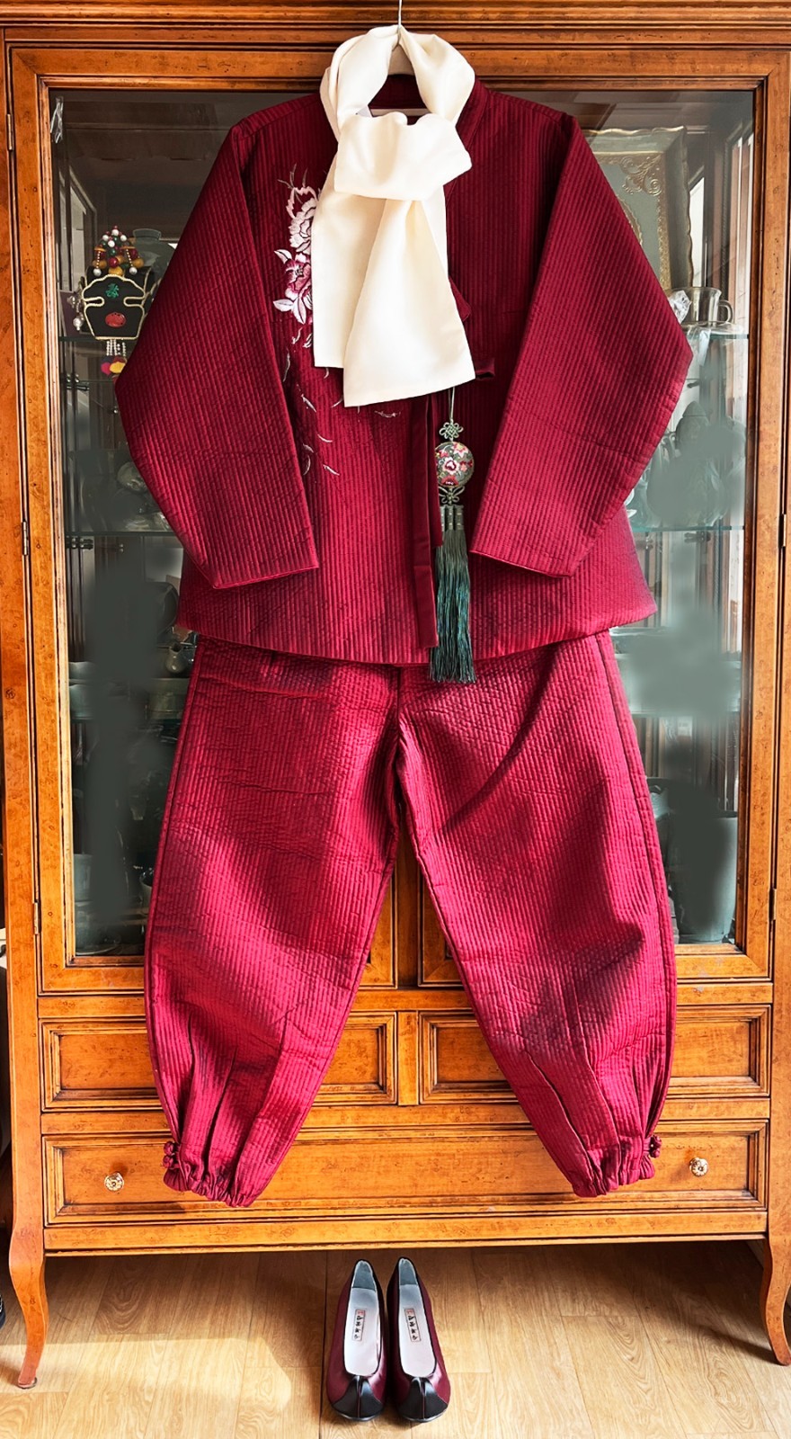 S-M Traditional Korean Modern Hanbok Set-Quilted Nubi Burgundy Top/ Pants /Scarf