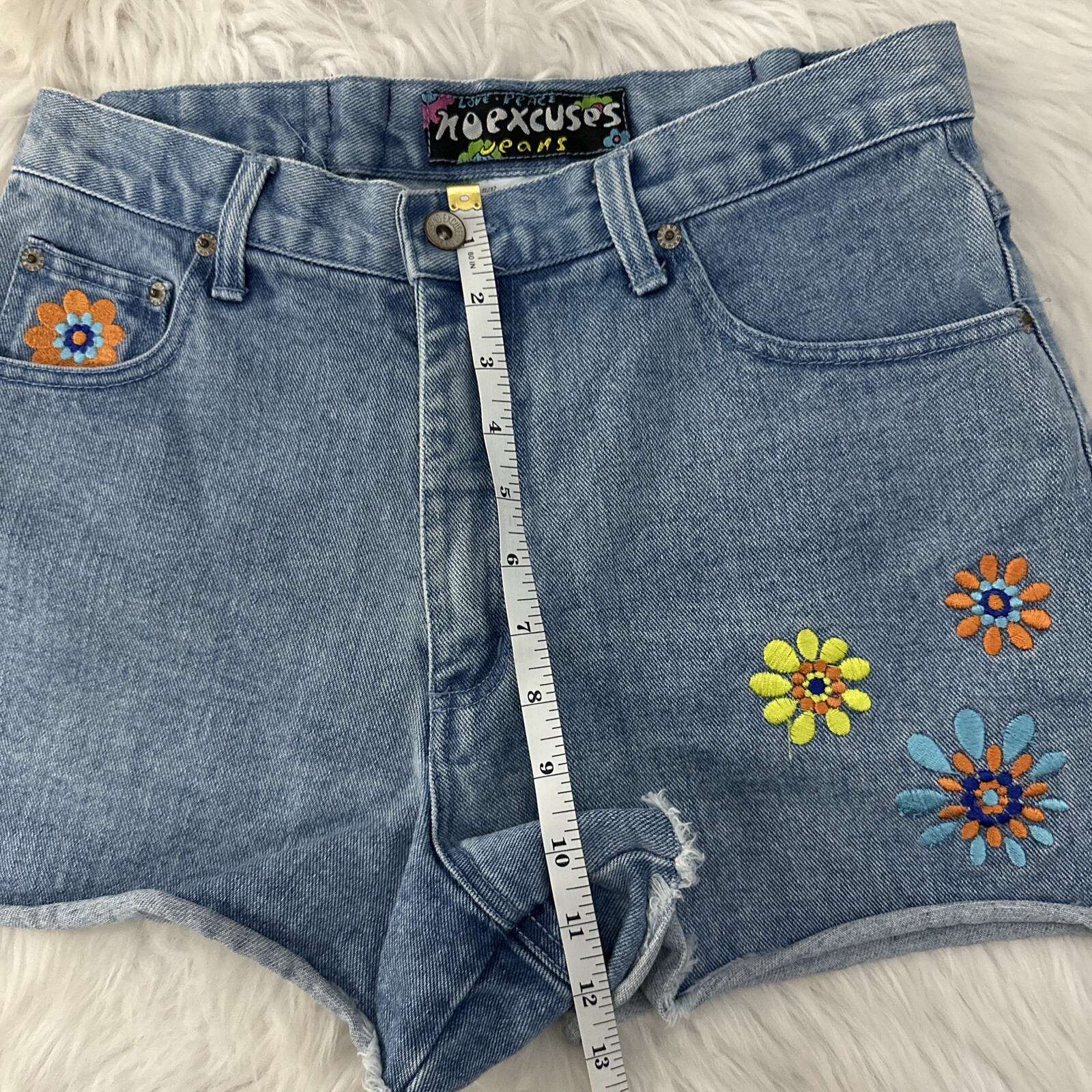 No Excuses Vintage Love Peace Denim shorts High Rise 11/12 View Measurements