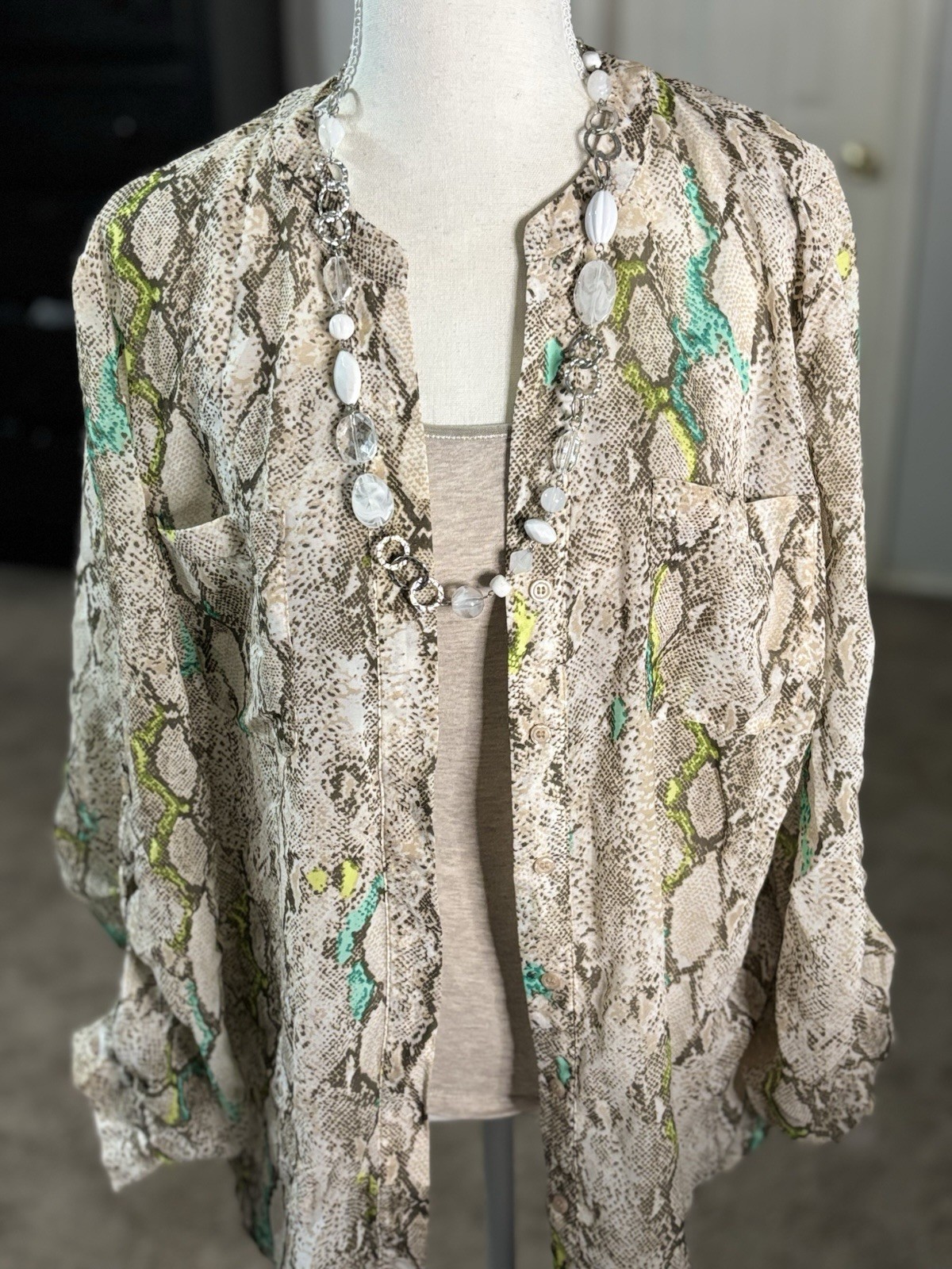 Convington Women’s Sheer Blouse XL Beige and Teal and Lime Accents Long Sleeve