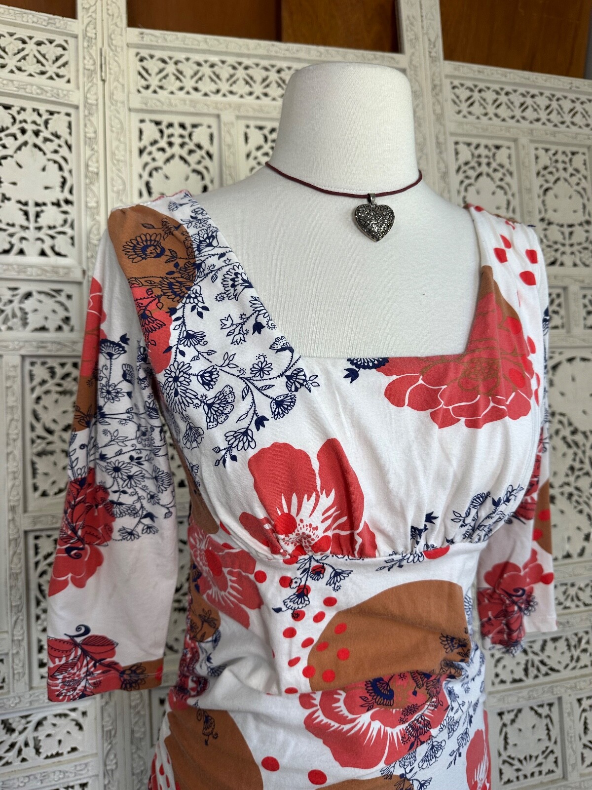 Cabi Square Neck Floral Ruched 3/4 Sleeve Blouse Sz Medium