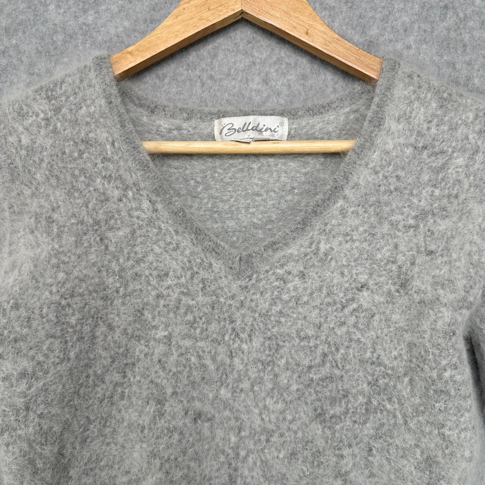 Belldini Womens Light Gray V Neck Long Sleeve Fuzzy Knit Sweater Angora Size S