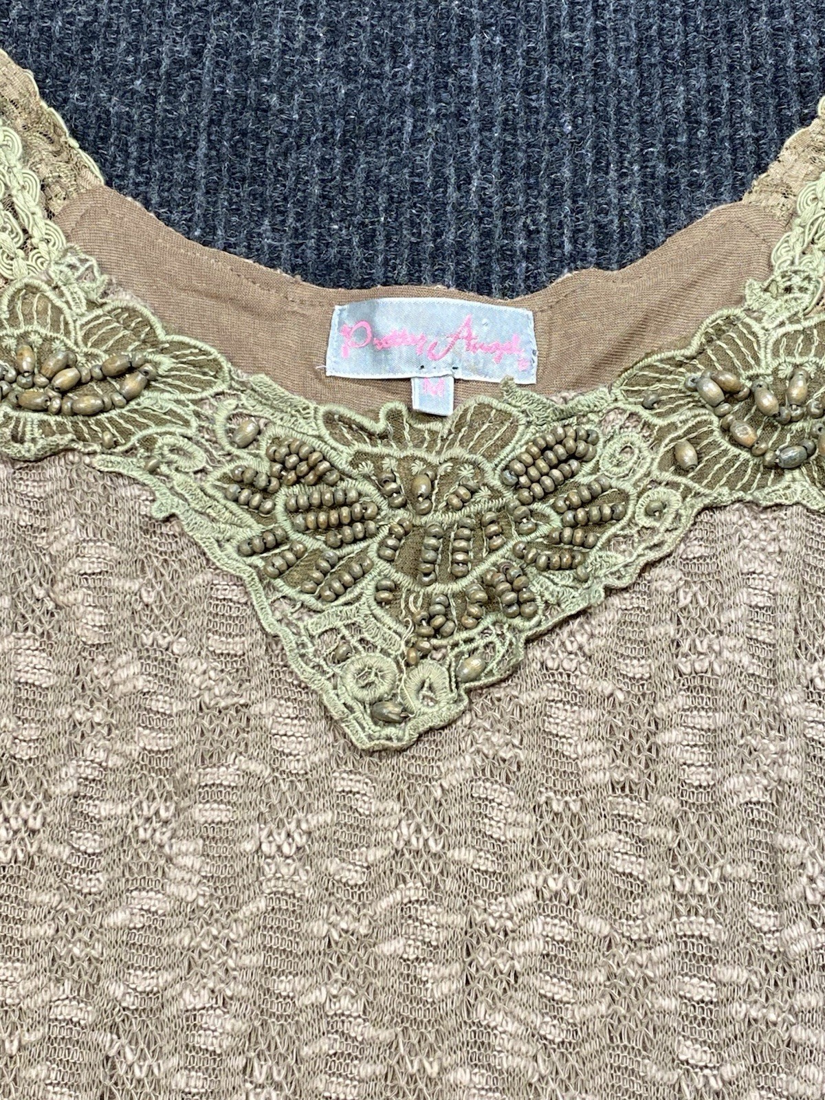 Pretty Angel Tunic Womens Boho Layered Romance Top Brown Green Beaded EUC Sz M