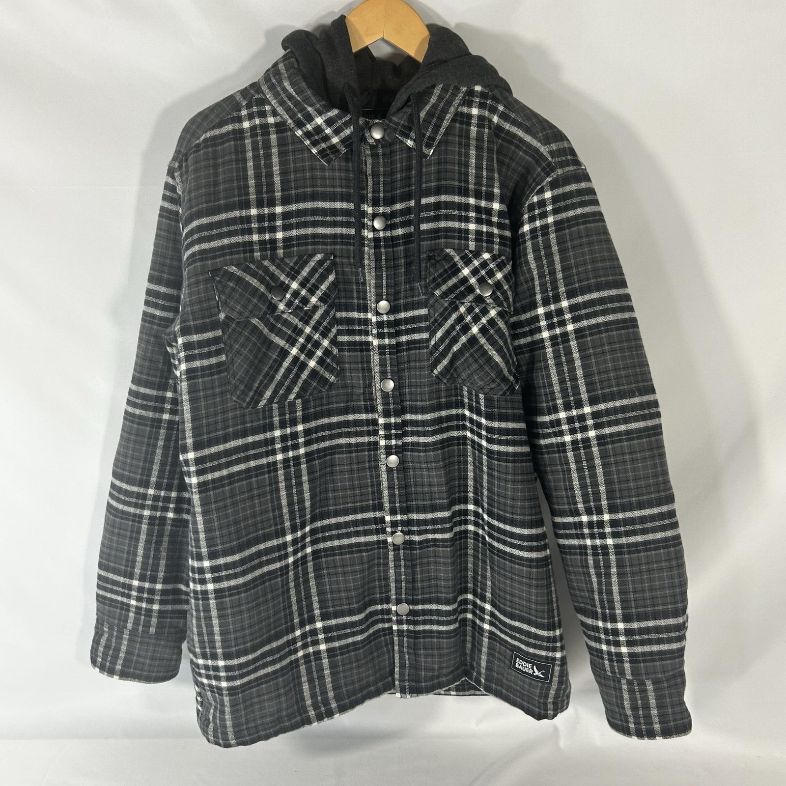Eddie Bauer Jacket Mens Medium Gray Plaid Quilted Hooded Flannel Lined Coat
