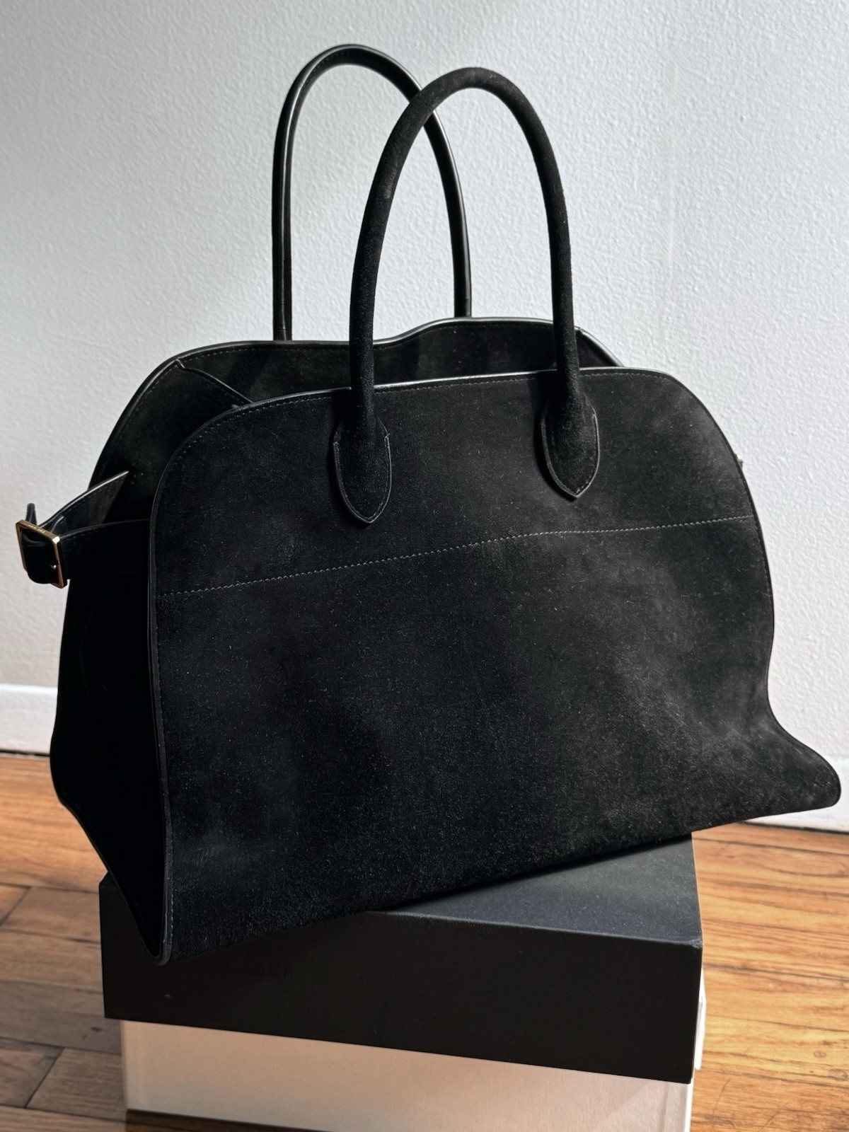 The Row Margaux 15” Style Black Suede Leather Tote Bag Large