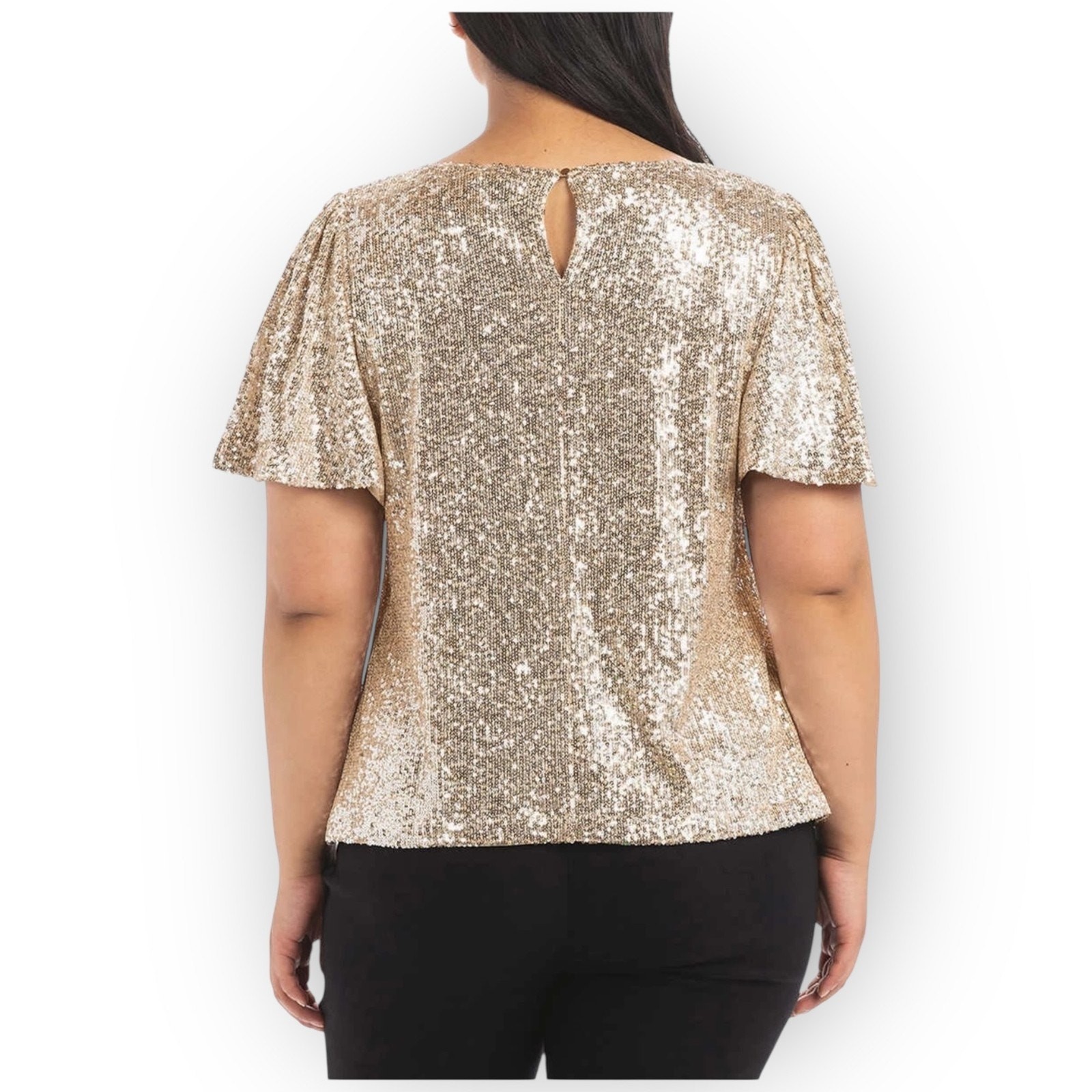 NWT Hilary Radley Sequin Flutter Sleeve Blouse Champagne Size Small