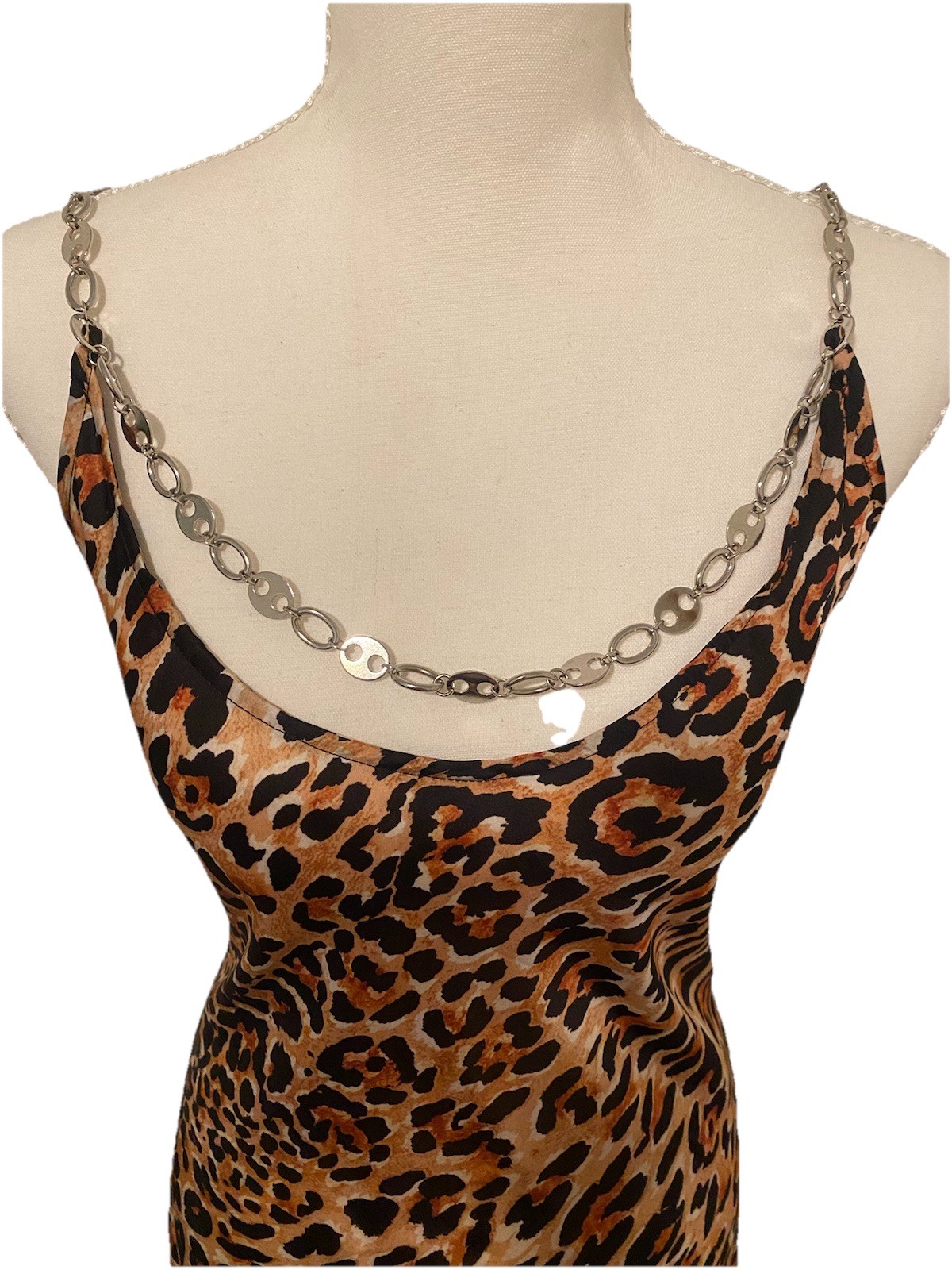 Paco Rabanne Leopard Print Satin Midi Slip Dress Chain Straps Scoop Neck 42