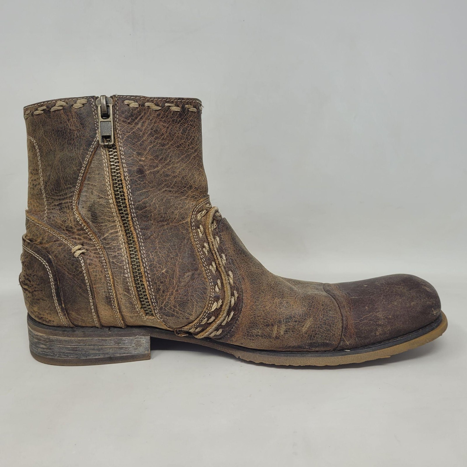 Bed Stu Boots 9 Brown Leather Revolution Ankle Zip Square Toe Distressed Rugged