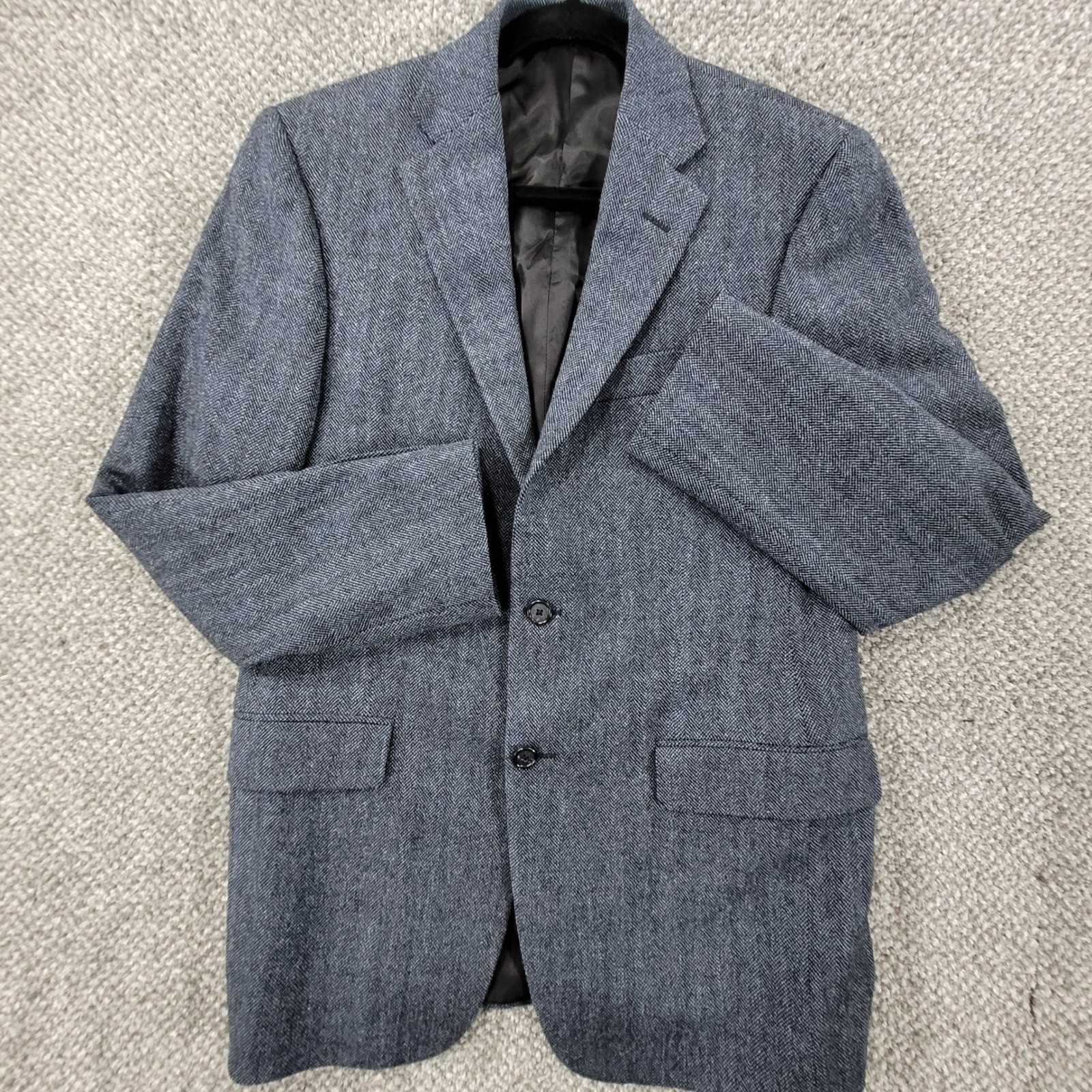 Hickey Freeman Milburn Mens 38R Blazer Blue Grey Herringbone Worsted Wool Jacket
