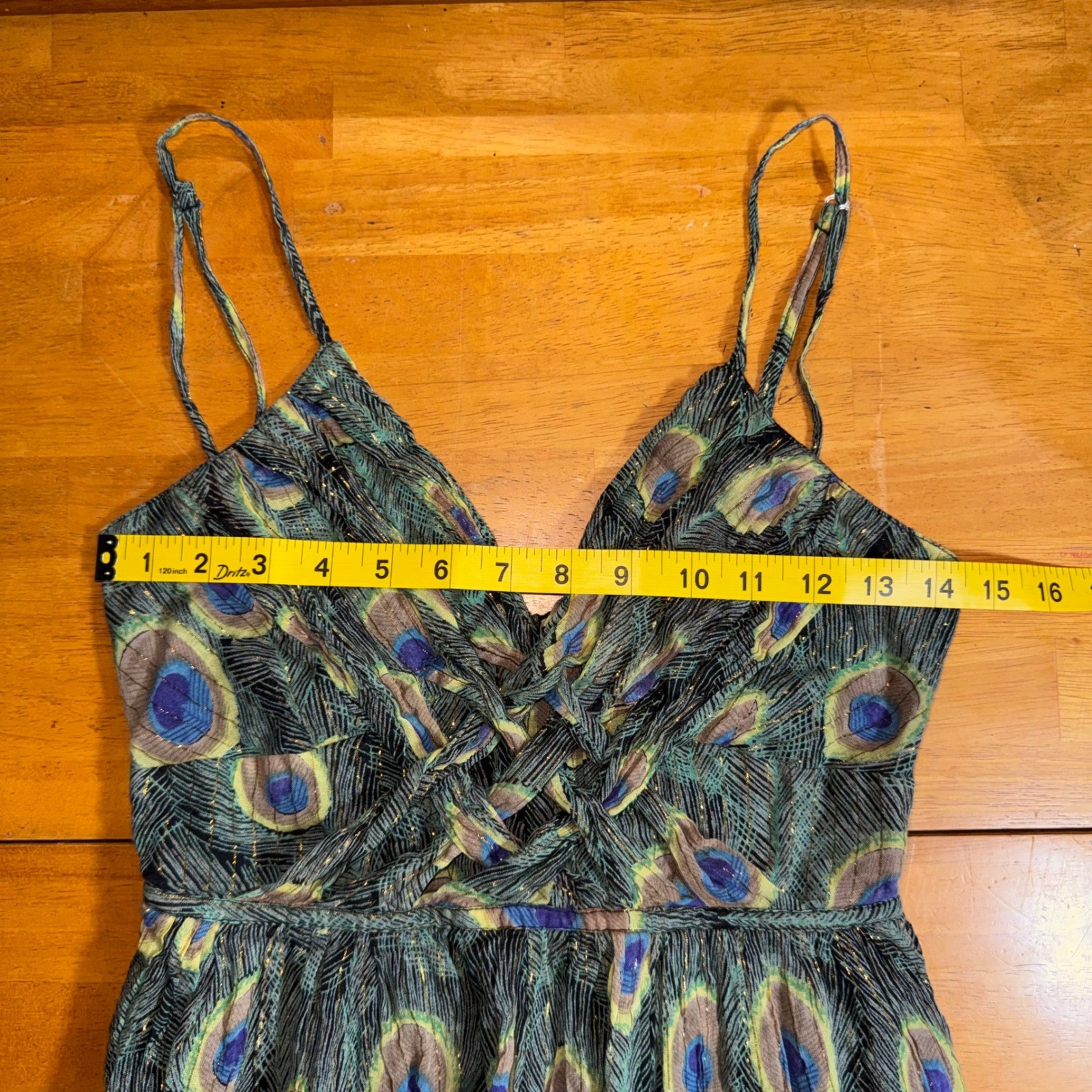 Pura Vida Peacock Feather Print Mini Dress Gold Metallic Cotton Green Blue Sz 6