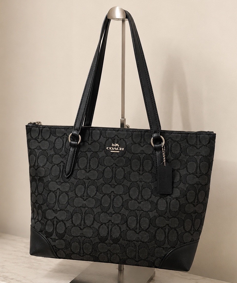 NWT Coach F29958 Signature Zip Tote Black Smoke Black Canvas Leather Purse Bag