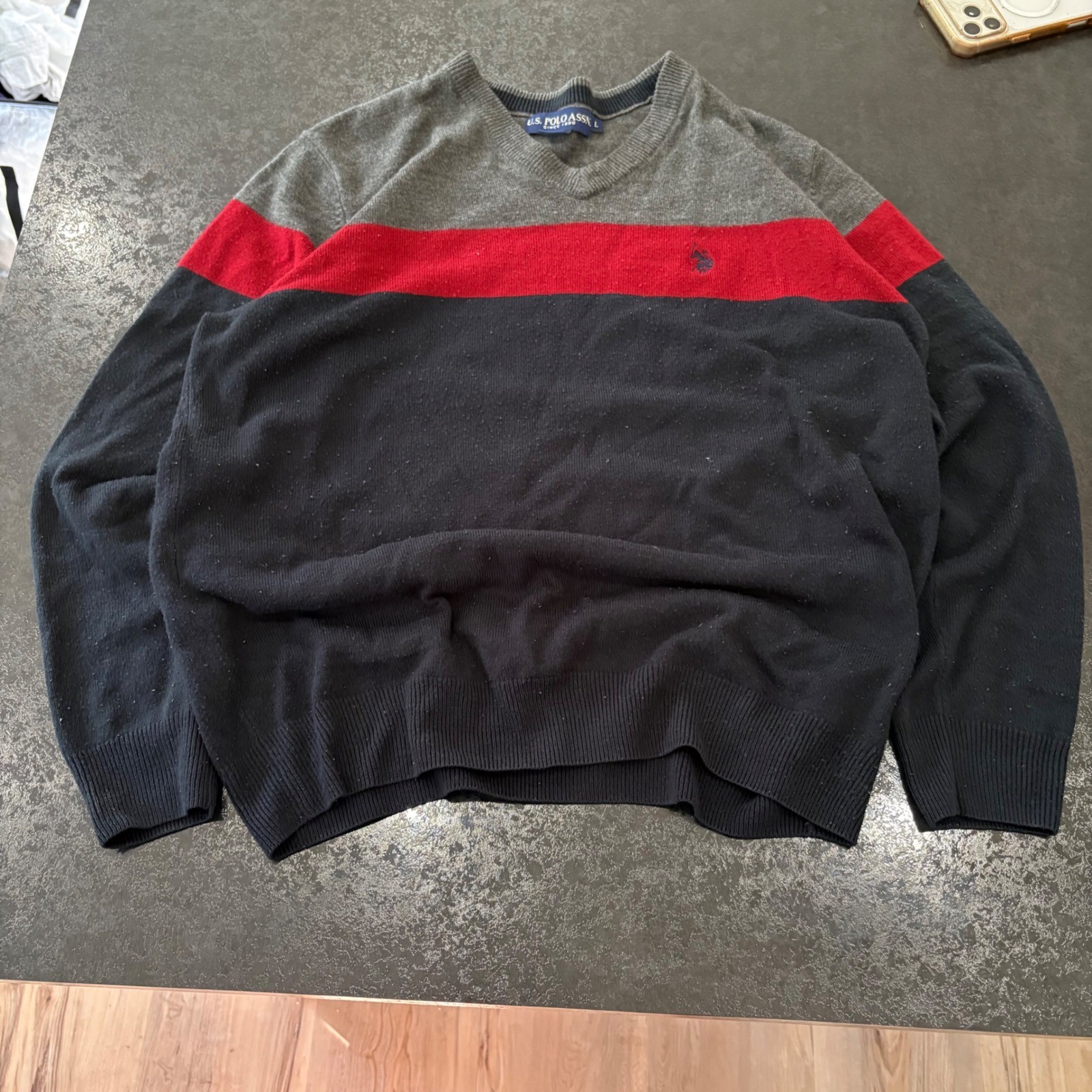 US Polo Assn Mens V-Neck Sweater Grey Red Navy Colorblock Knit Pullover Large