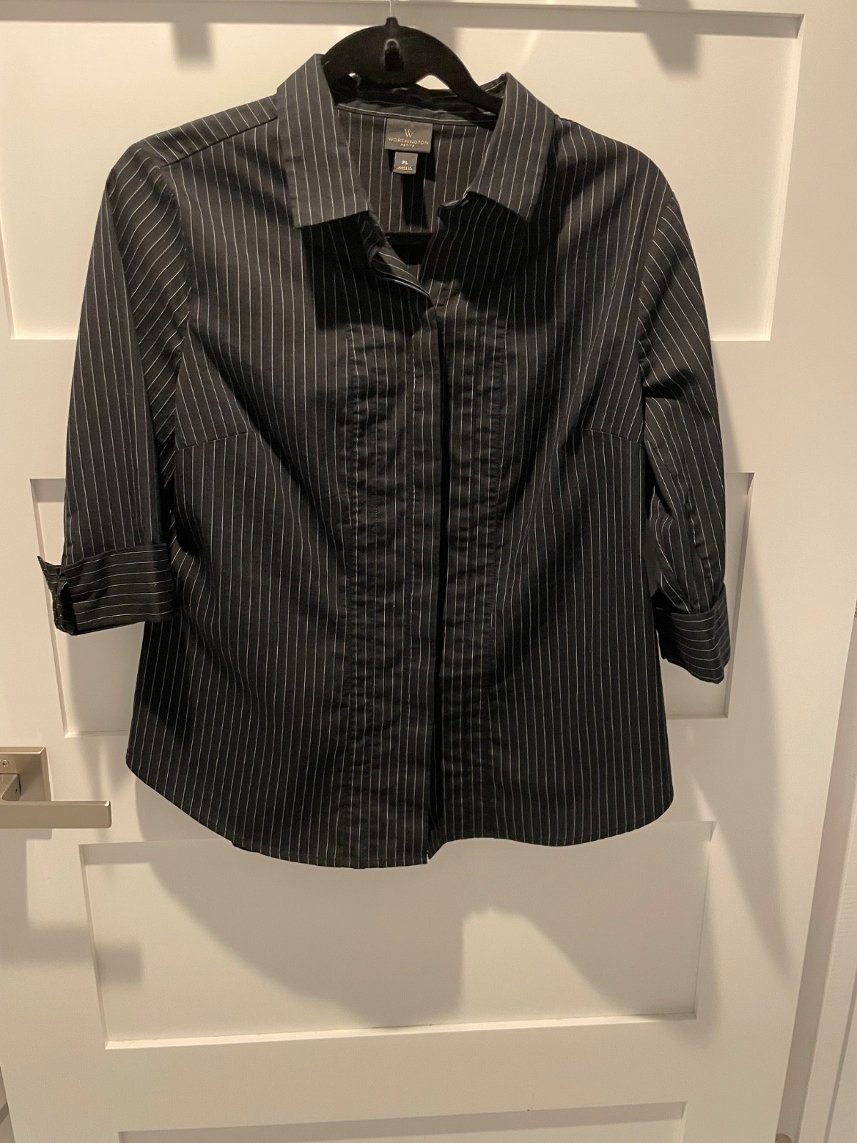 Worthington Petite Large PL Black and White Striped Blouse Top Shirt Career Work