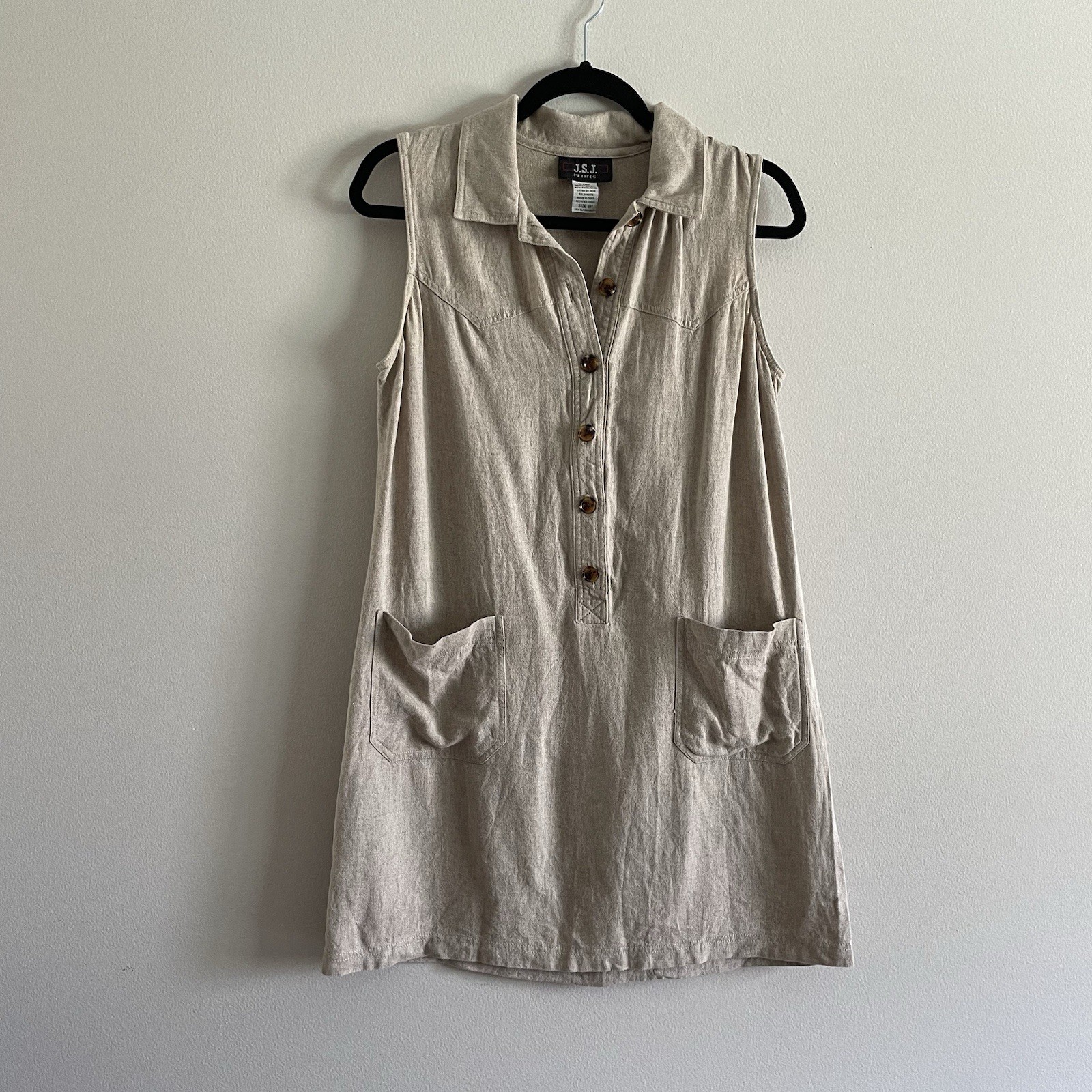 J.S.J. Vintage Petite Women SZ 8P Beige Sleeveless 1/2 Button Linen Blend Dress