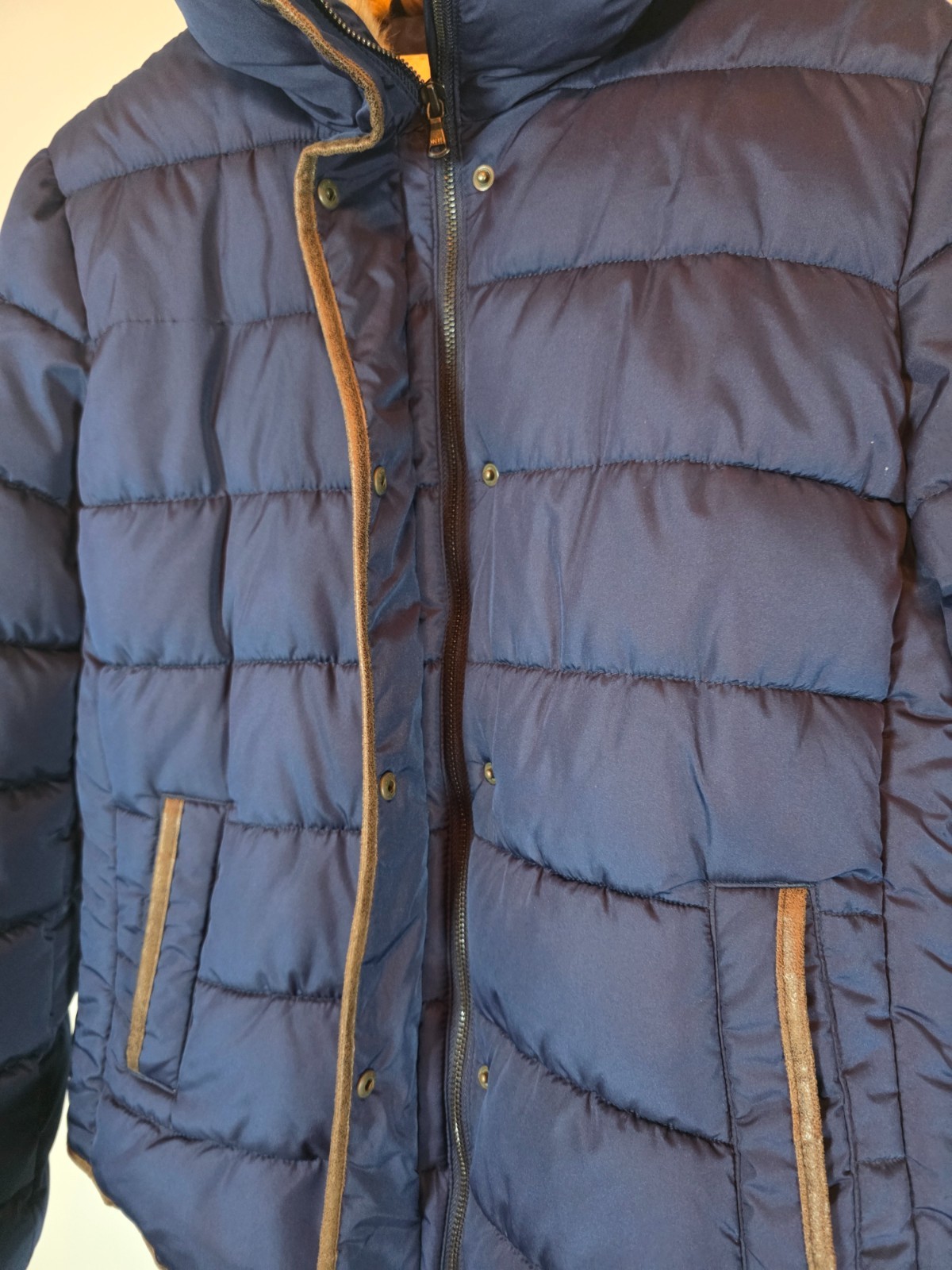 Old Navy Womens Large Navy Blue Puffer Jacket Faux Fur Collar Trim Quilted Coat