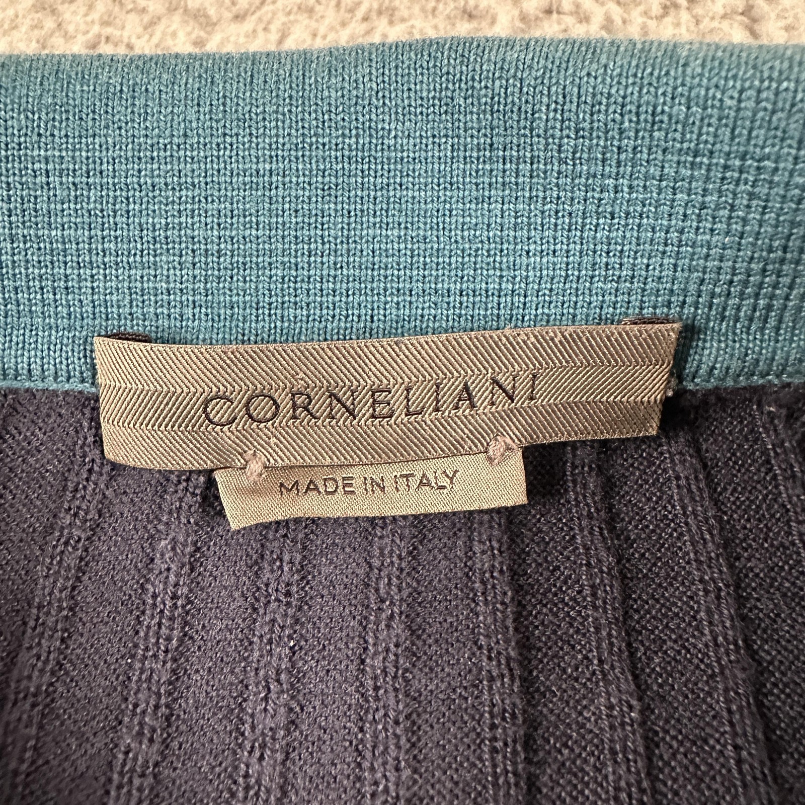 Corneliani Cable Knit Polo Shirt Mens 48 Blue Silk Cotton Short Sleeve Italy