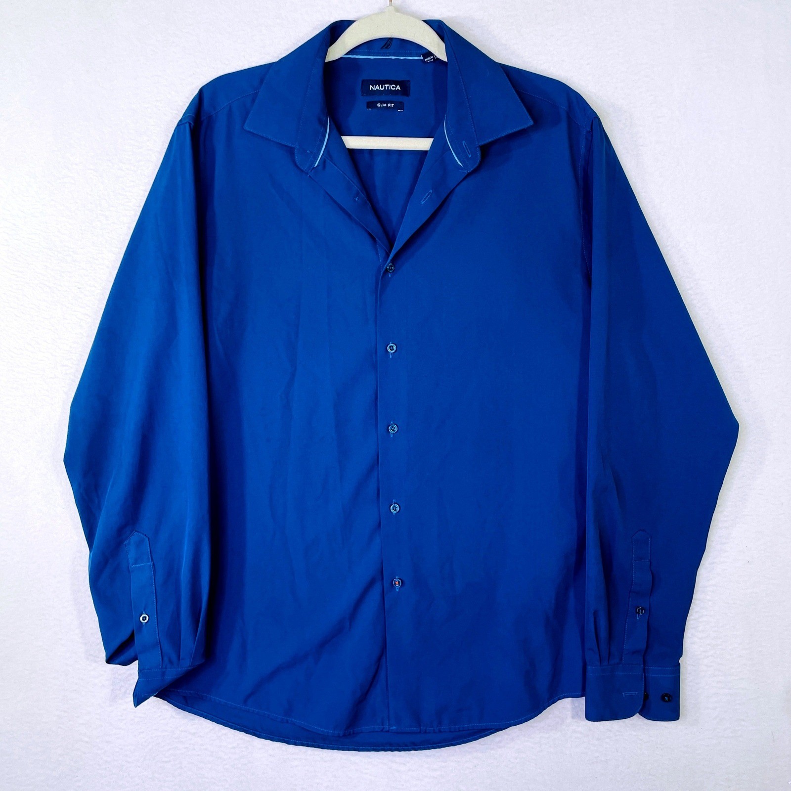 Nautica Slim Fit Royal Blue Dress Shirt Mens Large 16-16.5 34/35 Long Sleeve
