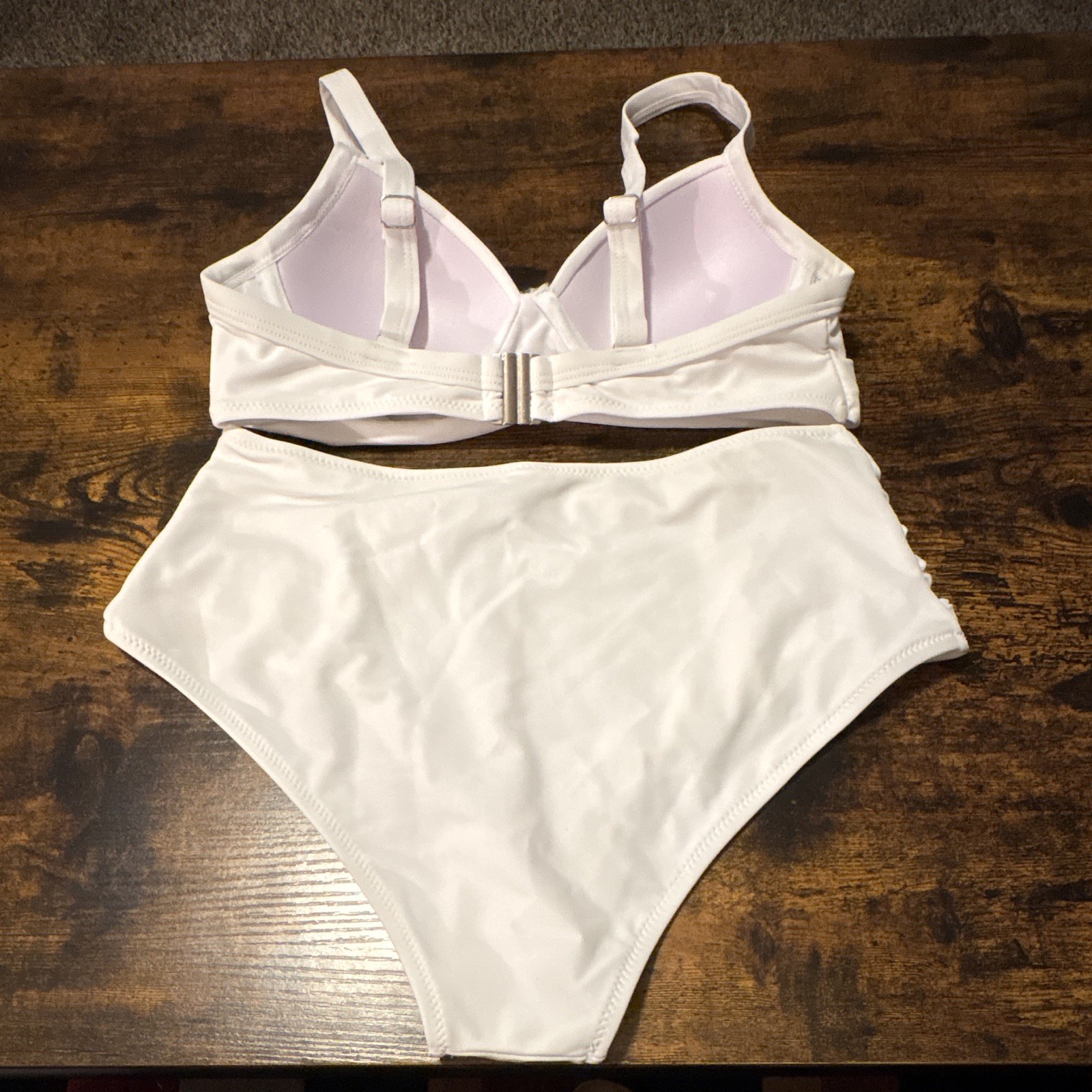 Women’s White Solid 2-Piece Bikini Set S High-Waisted Bottom Adjustable Straps