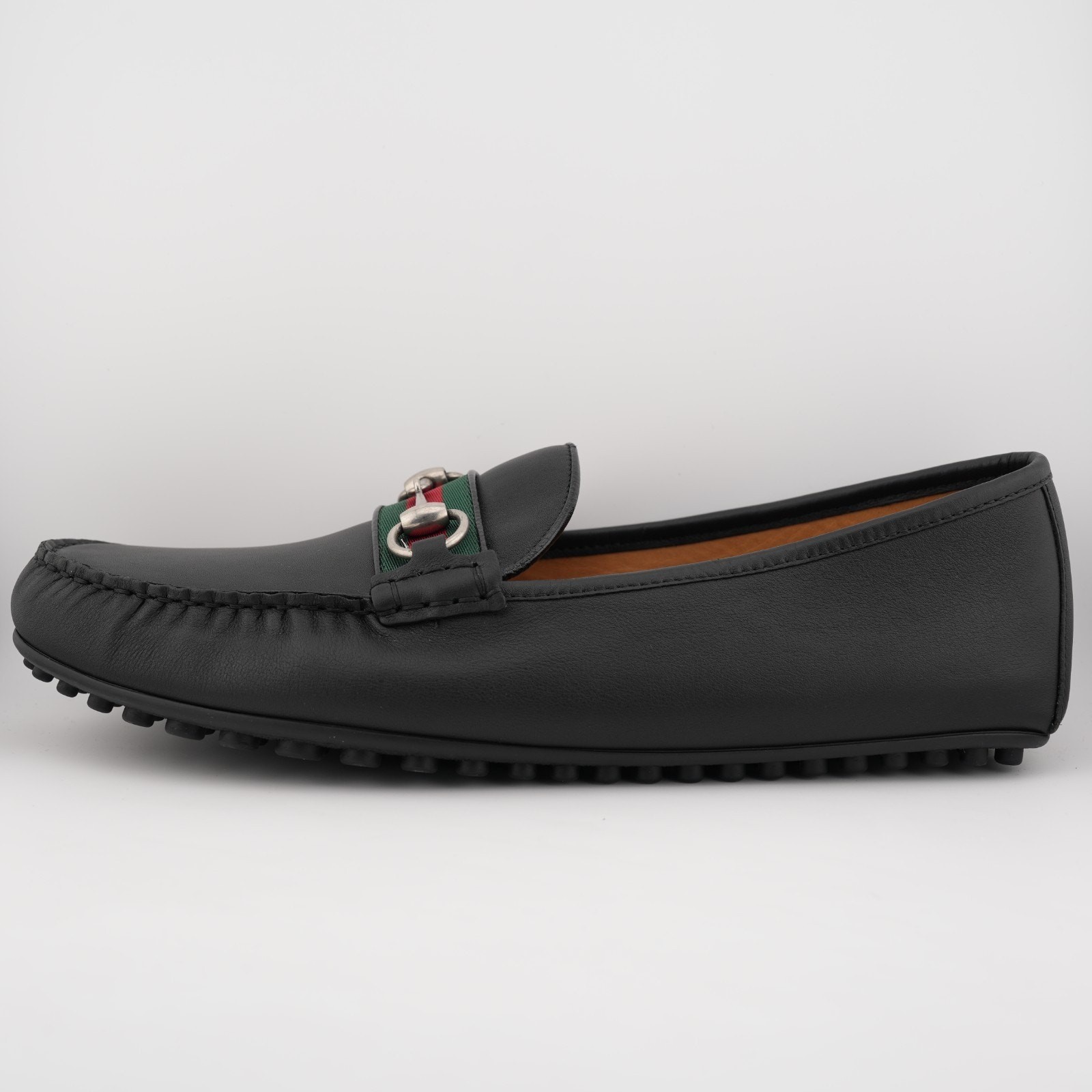 Gucci Black Leather Web Horsebit Loafers Men 11 US