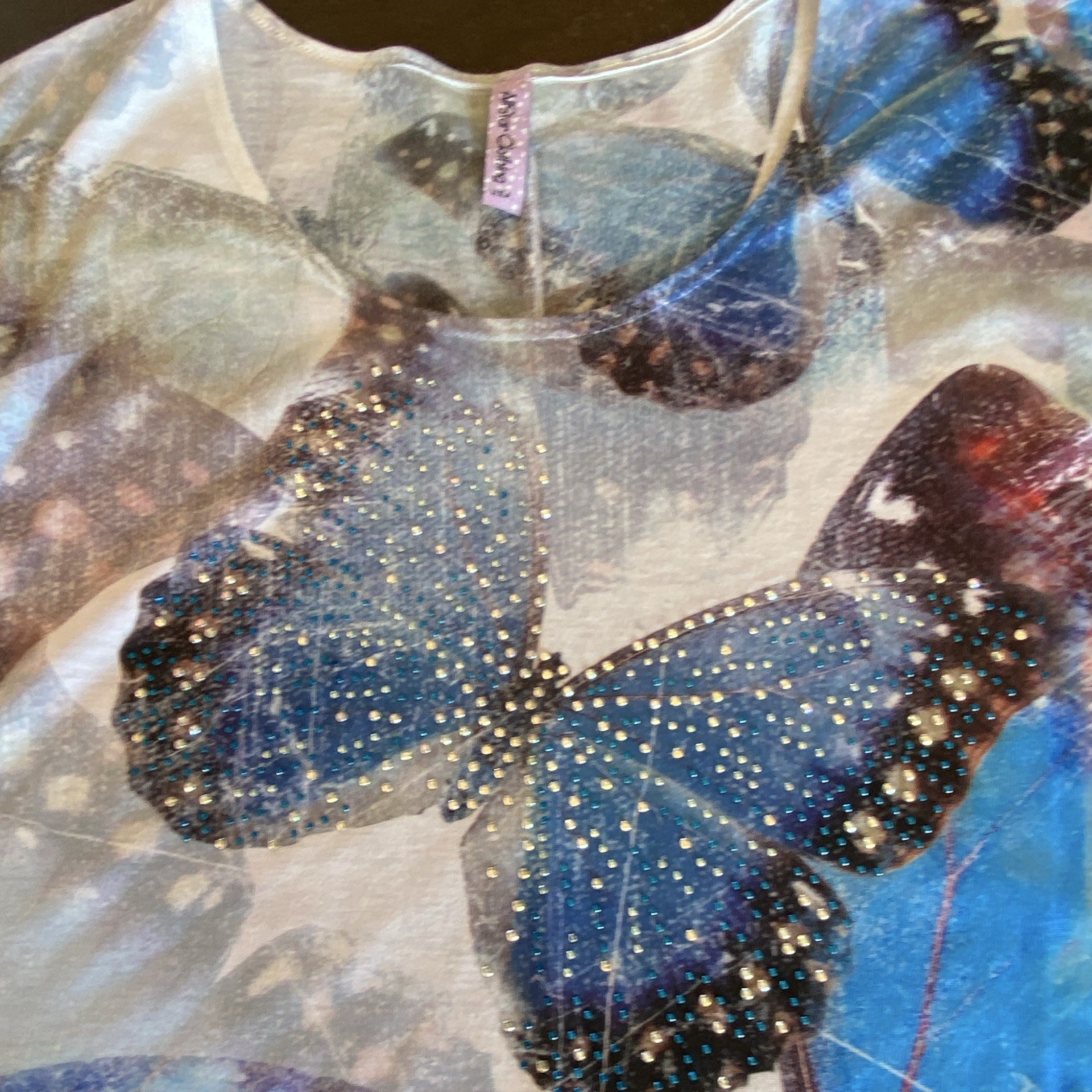 A*Star Clothing Blue Butterfly Rhinestone Scoop Neck Short Sleeve T-Shirt, L