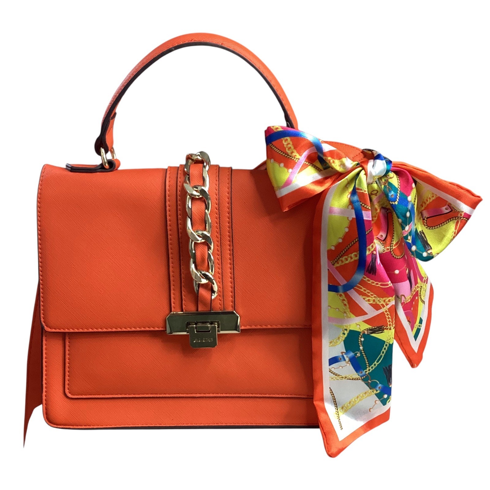 Aldo Orange Saffiano Satchel Handbag Gold Chain Scarf Accent Crossbody Bag