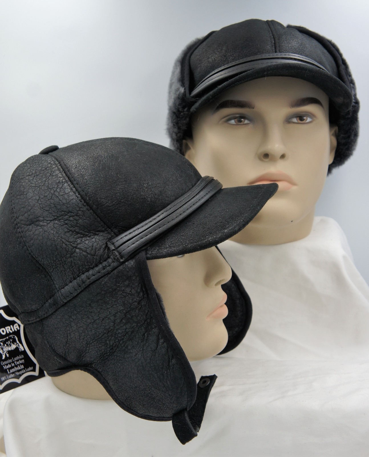 REAL SHEEPSKIN SHEARLING LEATHER Winter Aviator Hat Trapper Pilot S-3XL, BLACK
