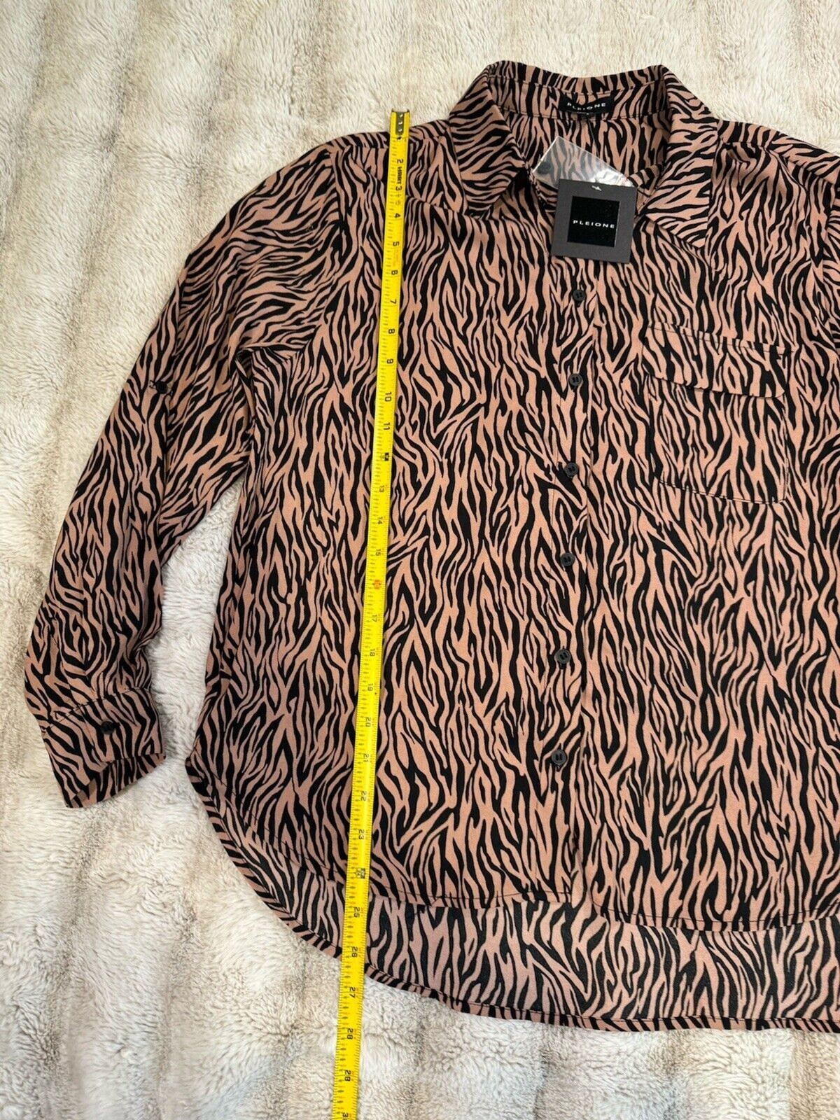 Pleione Zebra Print Button Up Blouse Women Small Roll Tab Long Sleeve NWT