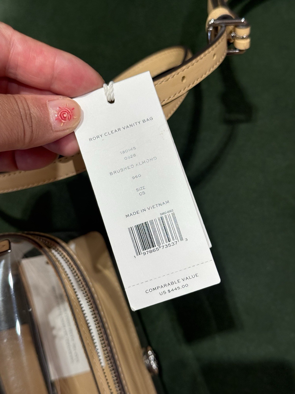 Tory Burch Rory Clear Vanity Bag 180145 Brushed Almond $445 new