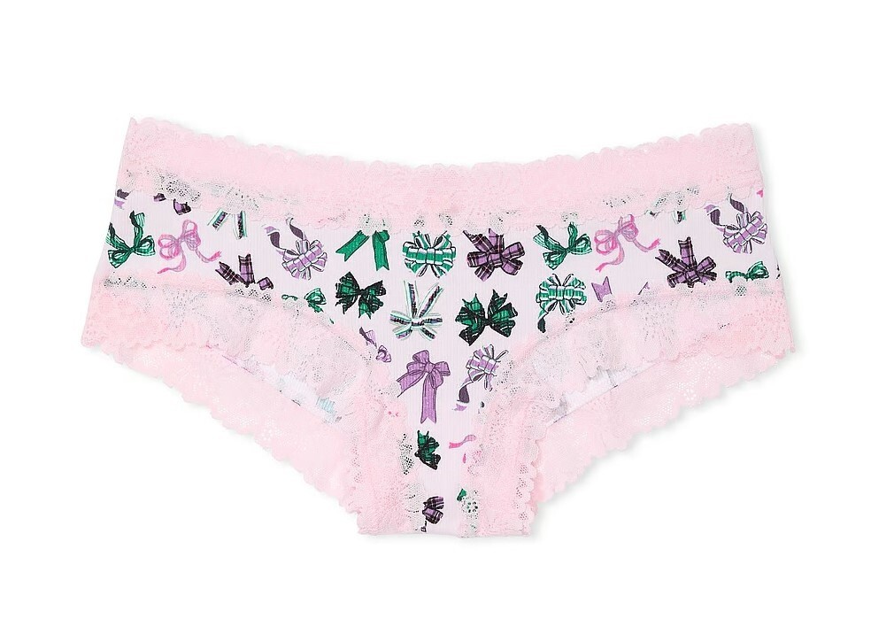 PINK Victoria Secret Cotton Ribbed Cheeky Panty S M L XL Lace Trim Bows Pink