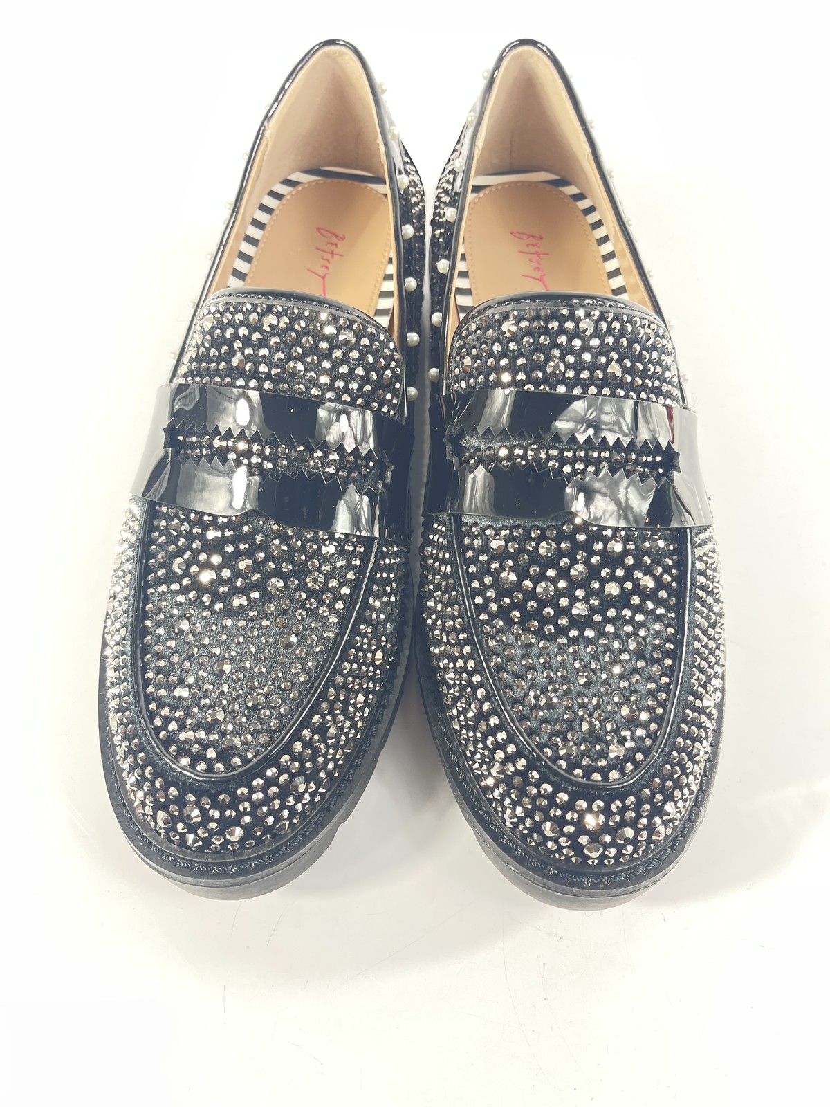 Betsey Johnson Shoes Womens Size 6.5 Black Rhinestone Loafers Studded Pearl Flat