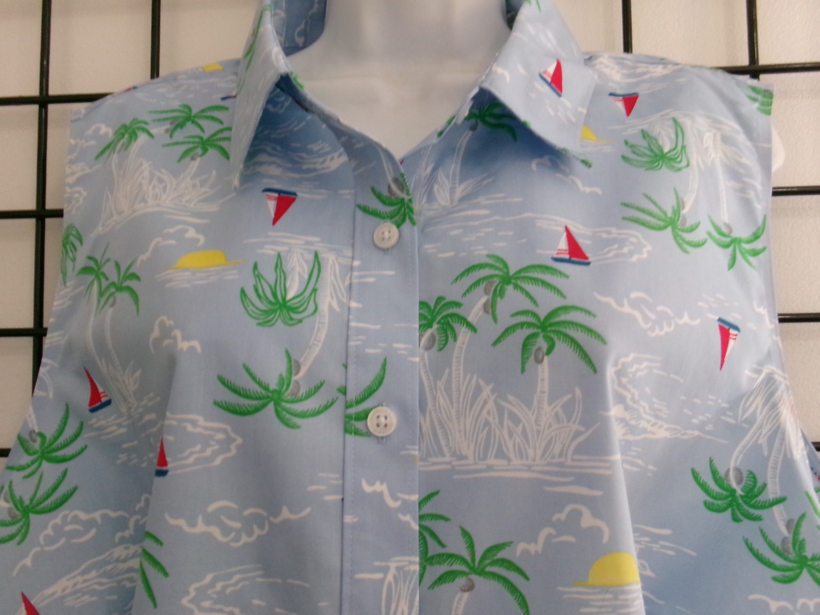 LANDS’ END 🌸SIZE 24 W / 53″ BUST==BLUE SAILBOAT, PALM PRINT / SLEEVELESS BLOUSE