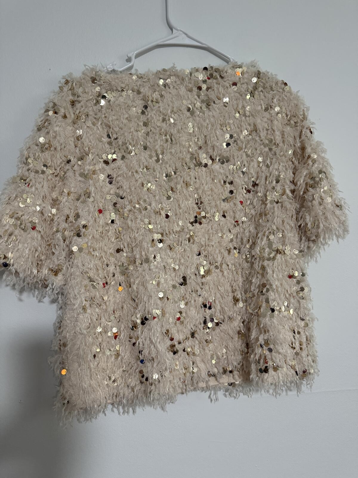 Y2K sequin eyelash knit party top champagne gold size L