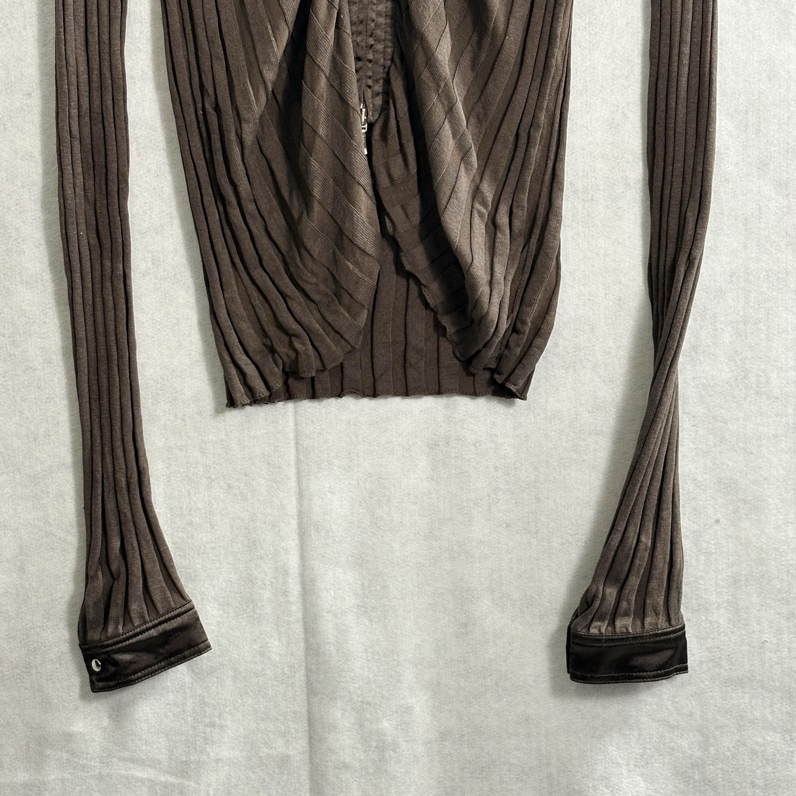 CABI Women Navigator Ribbed Silk Blend Slim Full Zip Cardigan Sz M Brown hb-33