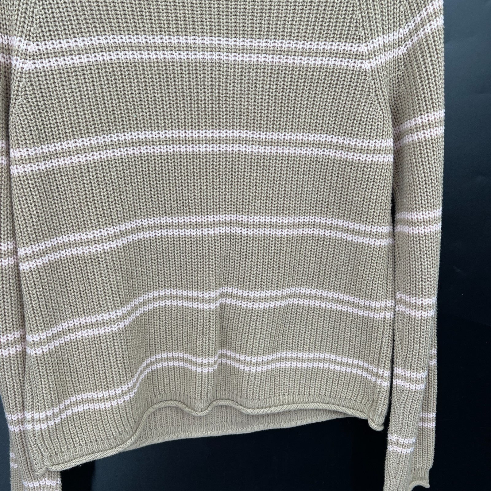 NEW preppy cozy beige pink striped roll neck cotton blend sweater minimalist S