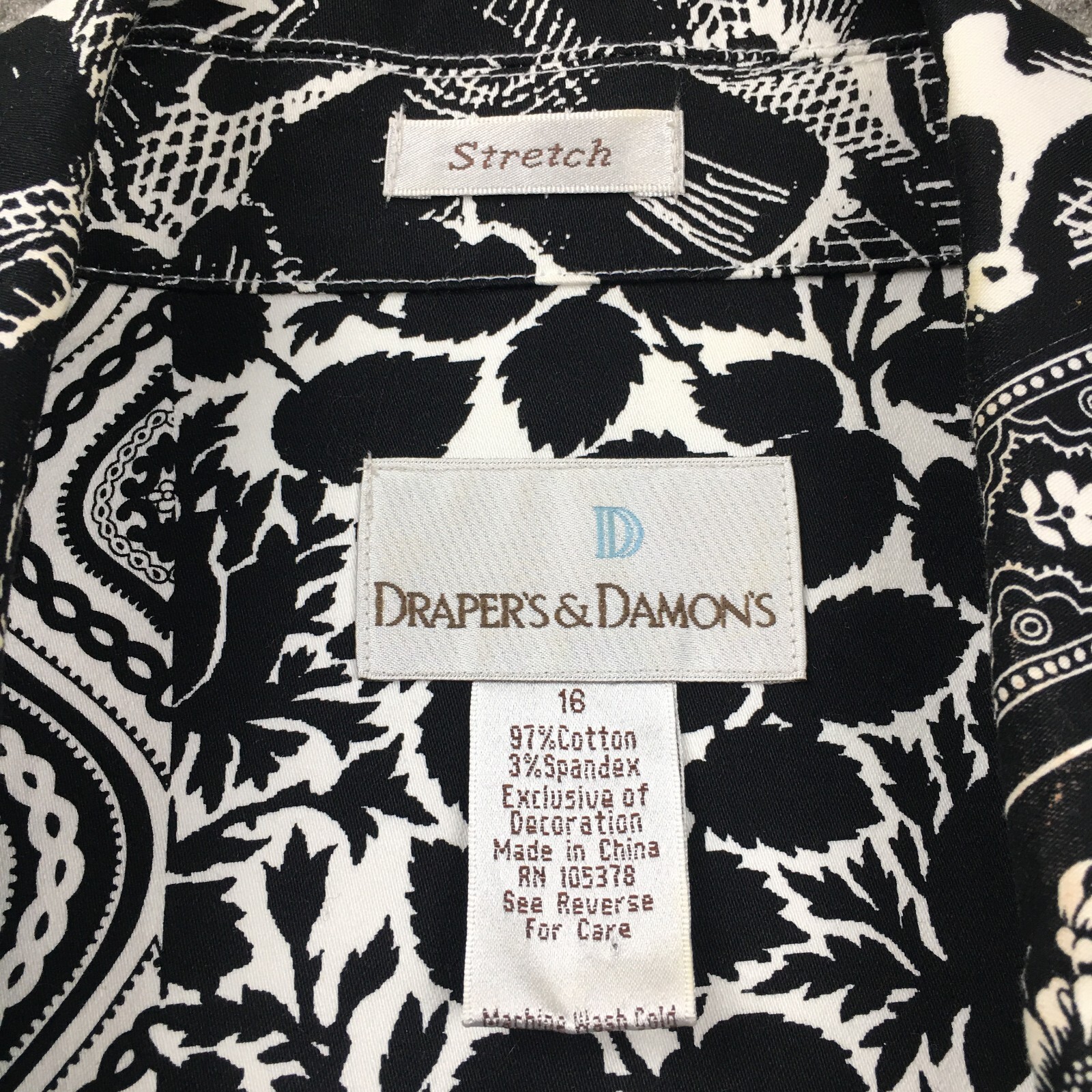 Draper’s & Damon’s Womens Blouse Sz 16 Floral Leaf Button-Up 3/4 Sleeves Stretch