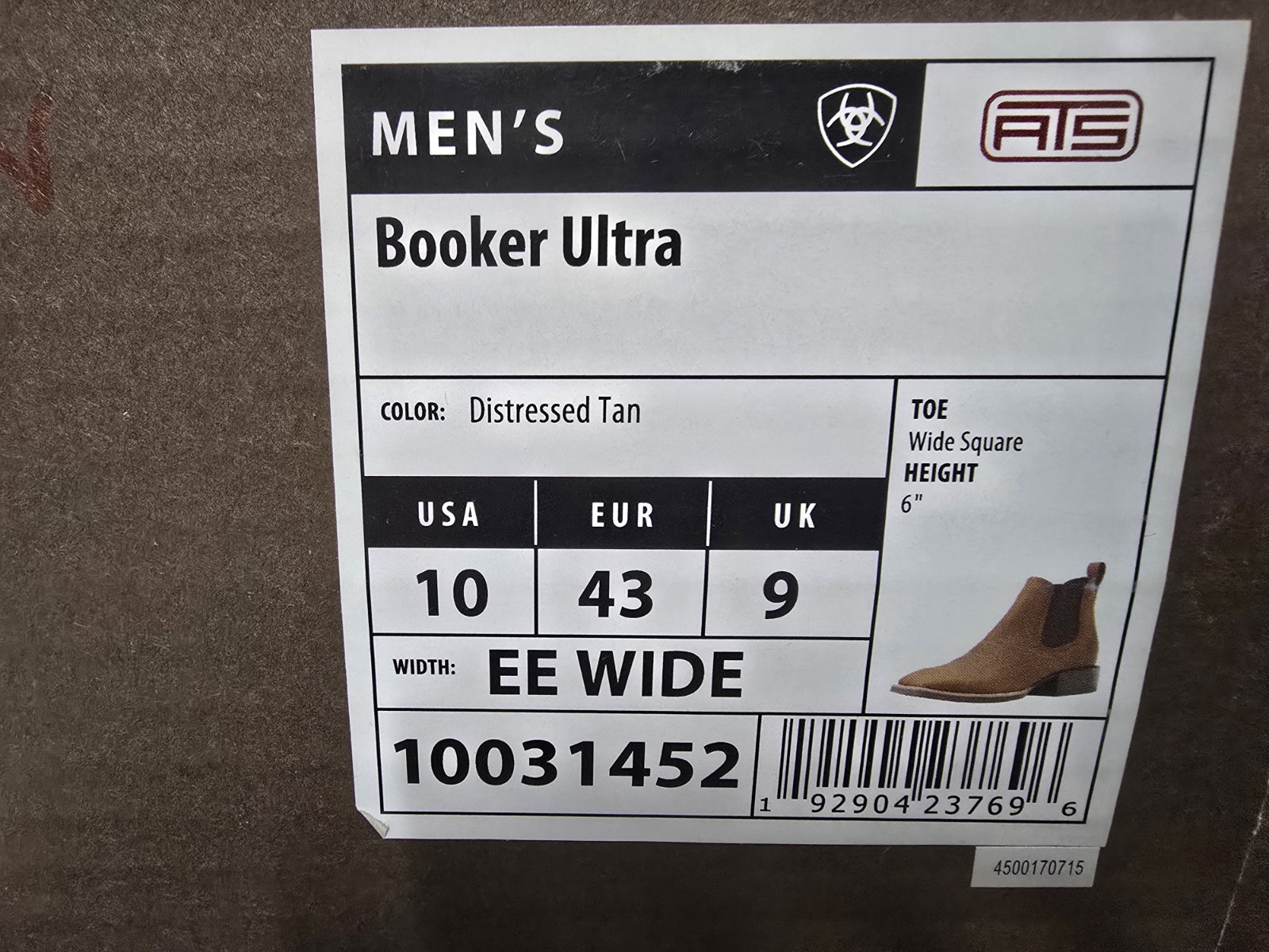 Ariat Booker Ultra Chelsea Western Boots – Distressed Tan – Size 10 – Brand New
