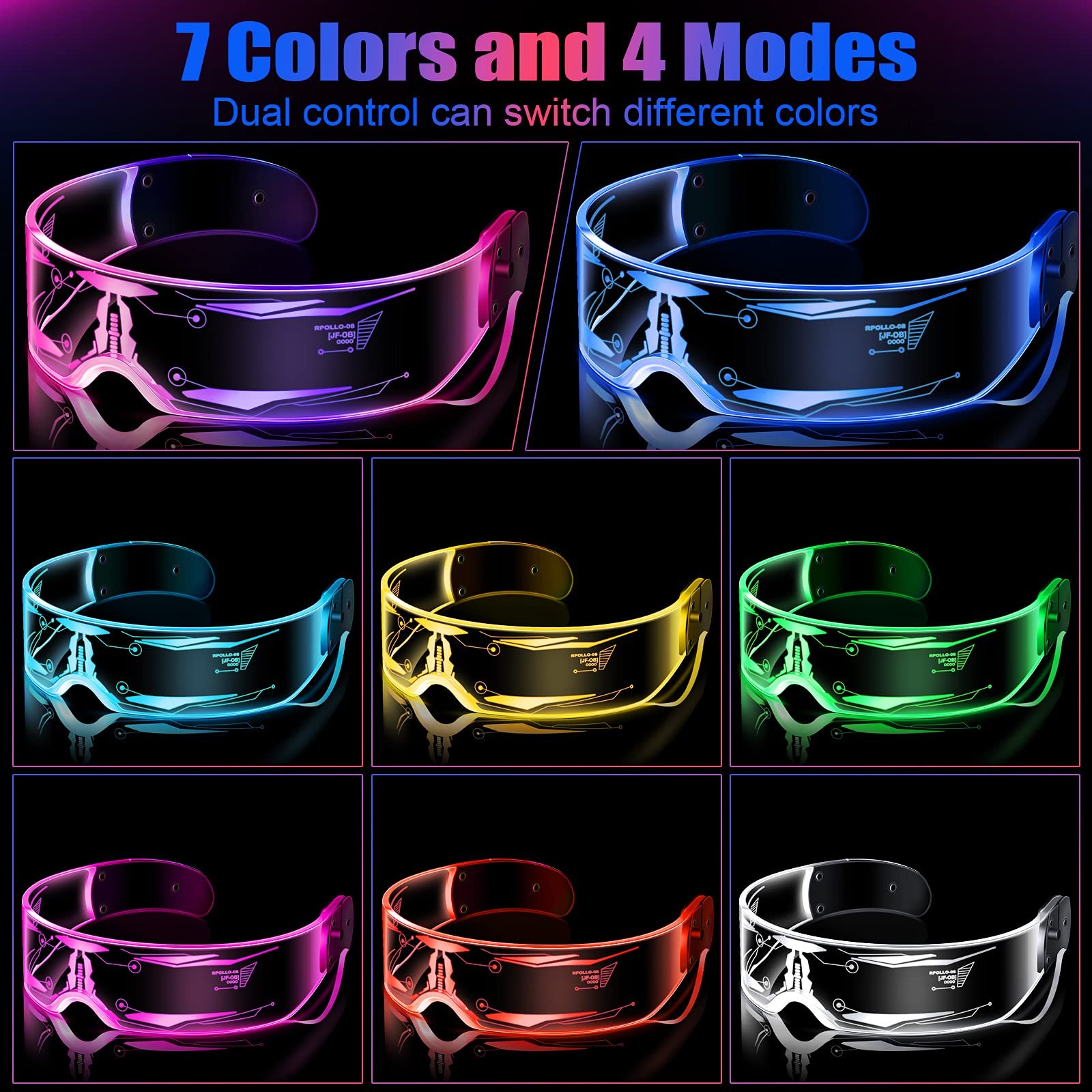 TOODOO 2 Pairs LED Visor Glasses 7 Colors as shown in the picture, B09dctq9nn