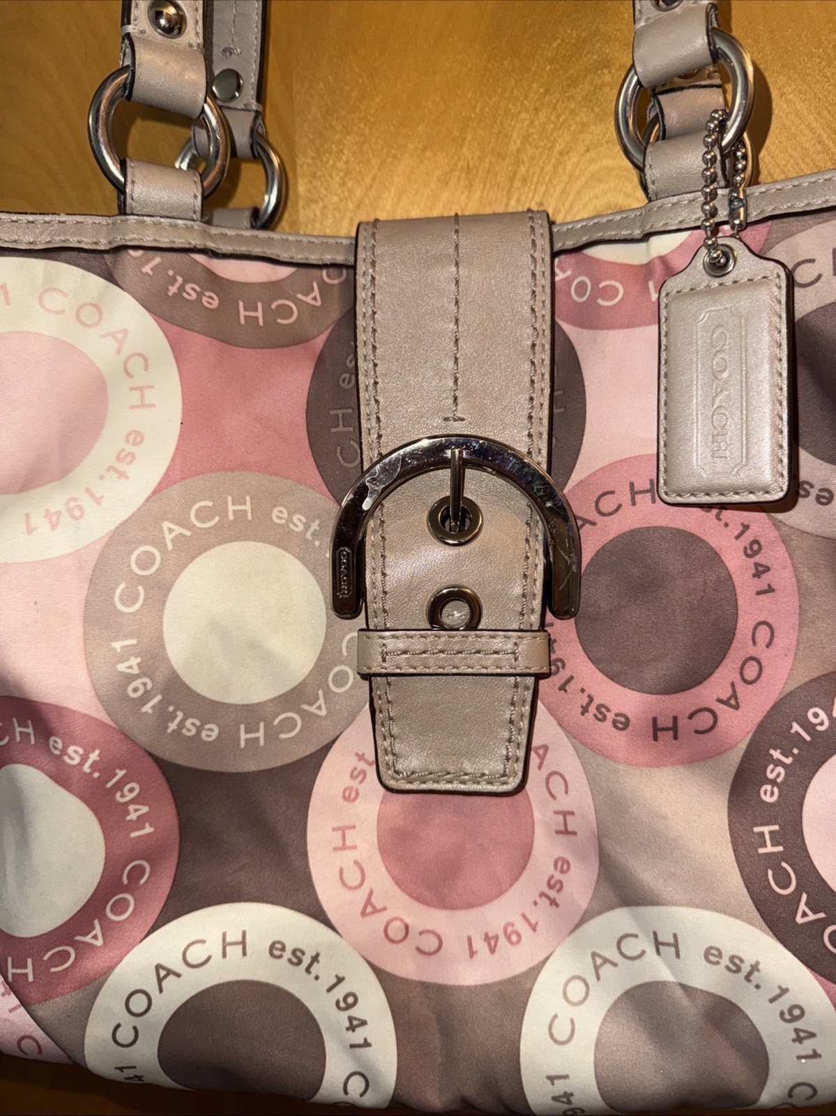 vintage Coach Beige Pink Logo Buckle Accent Double Handle Shoulder Bag F18805. M