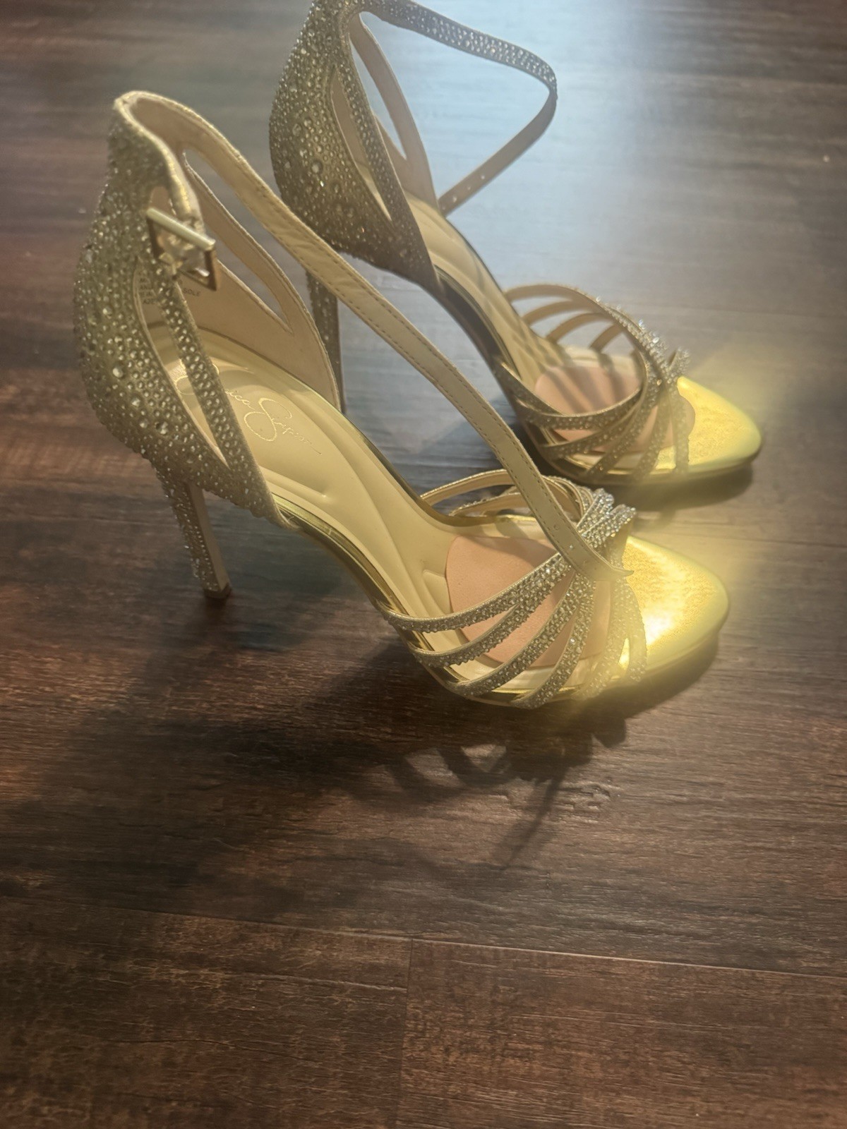 Jessica Simpson Women’s Gold Rhinestone Strappy Open Toe Stiletto Heels 9