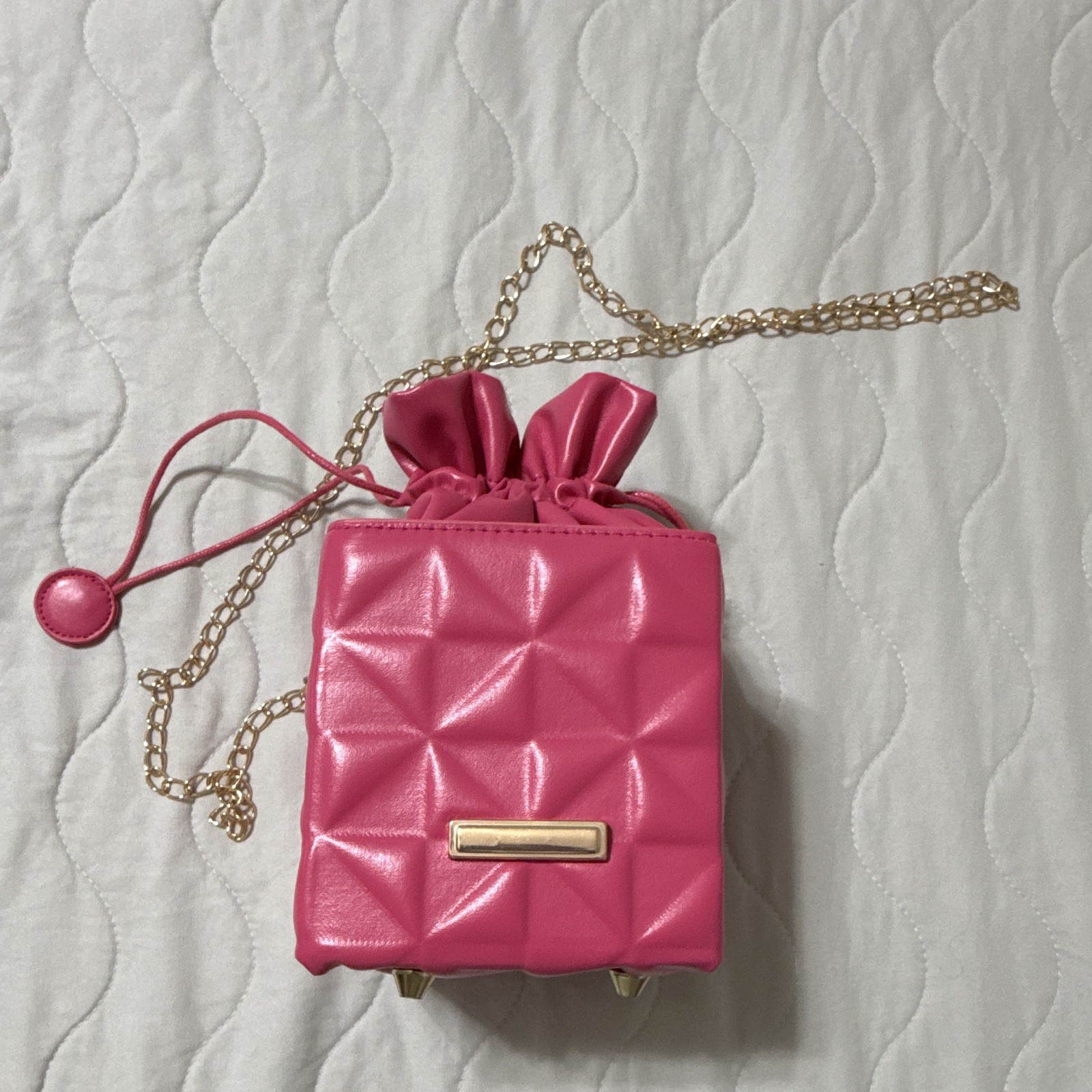 Pink Quilted Mini Crossbody Bag Drawstring Closure Gold Chain Detachable Strap