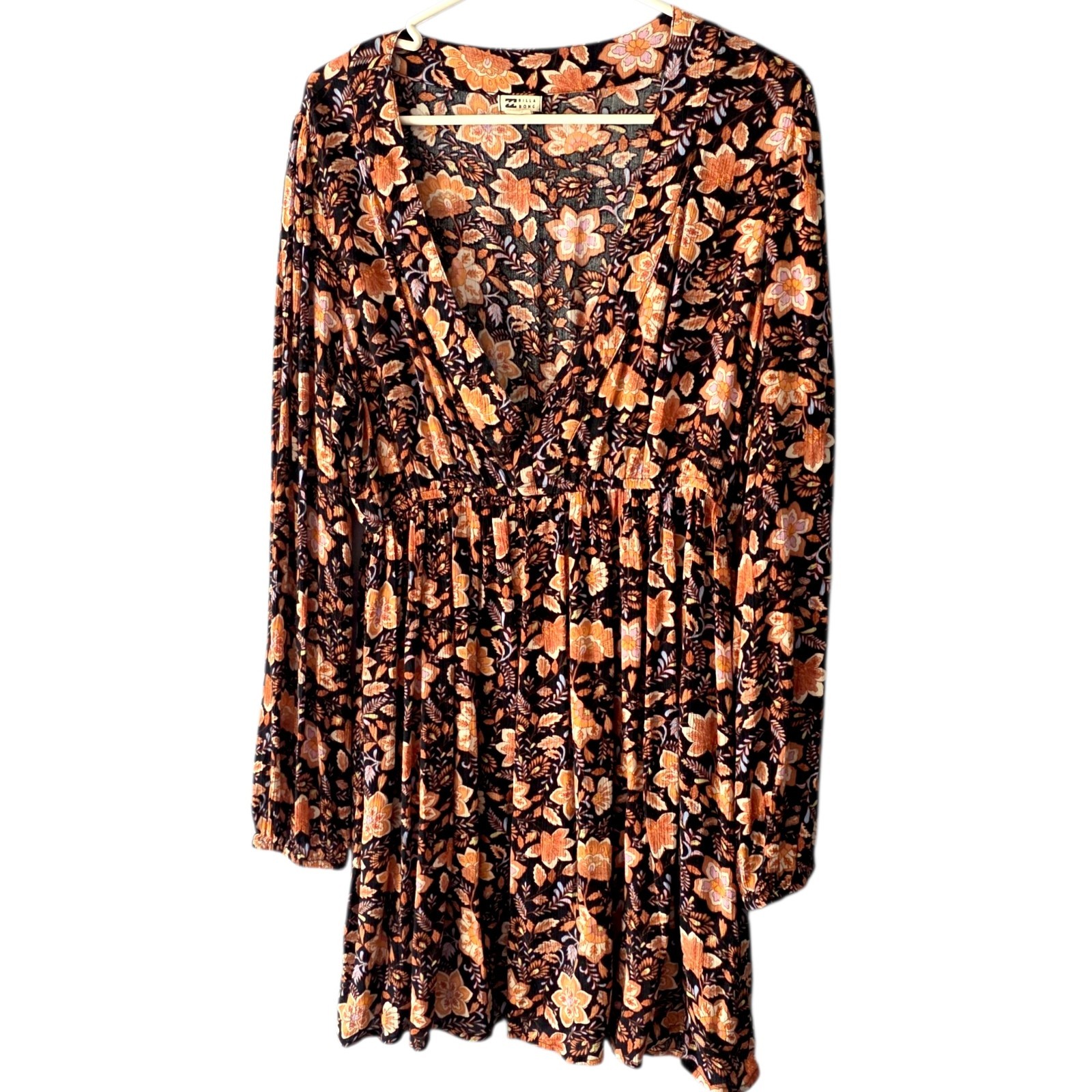 Billabong Women’s XL Floral Mini Dress Deep V Neck Long Puff Sleeve Viscose