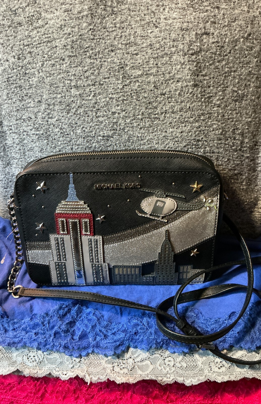 Michael Kors New York City Skyline & Chopper Stars Saffiano Leather ZipCrossbody
