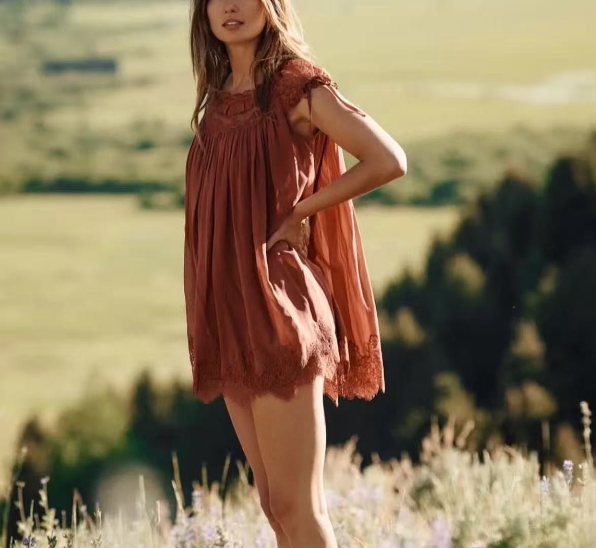 DOEN embroidered lace loose casual sexy short dress