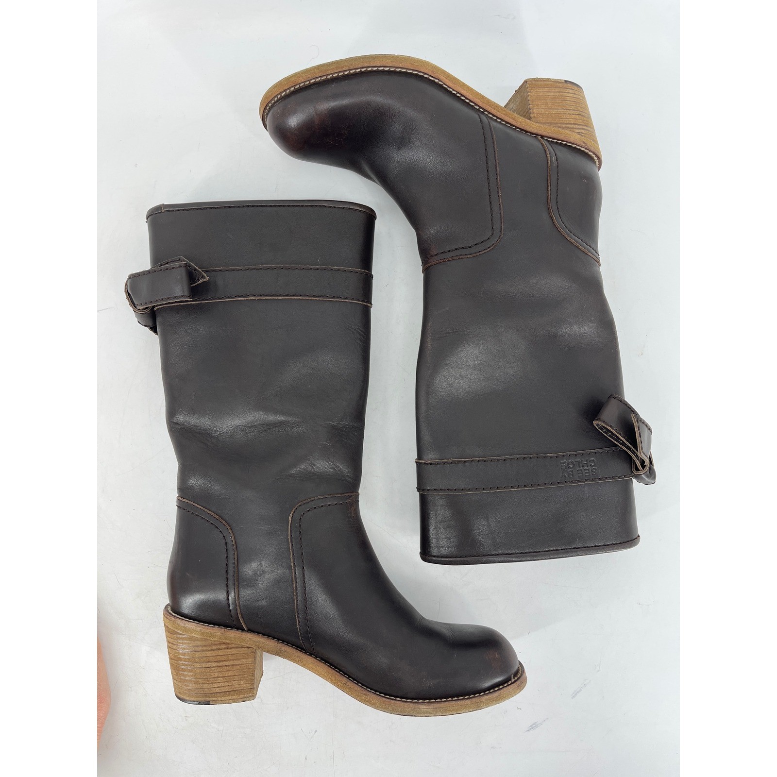 See by Chloe Tall Leather Boots Women 36 Dark Brown Good Bow Detail Block Heel