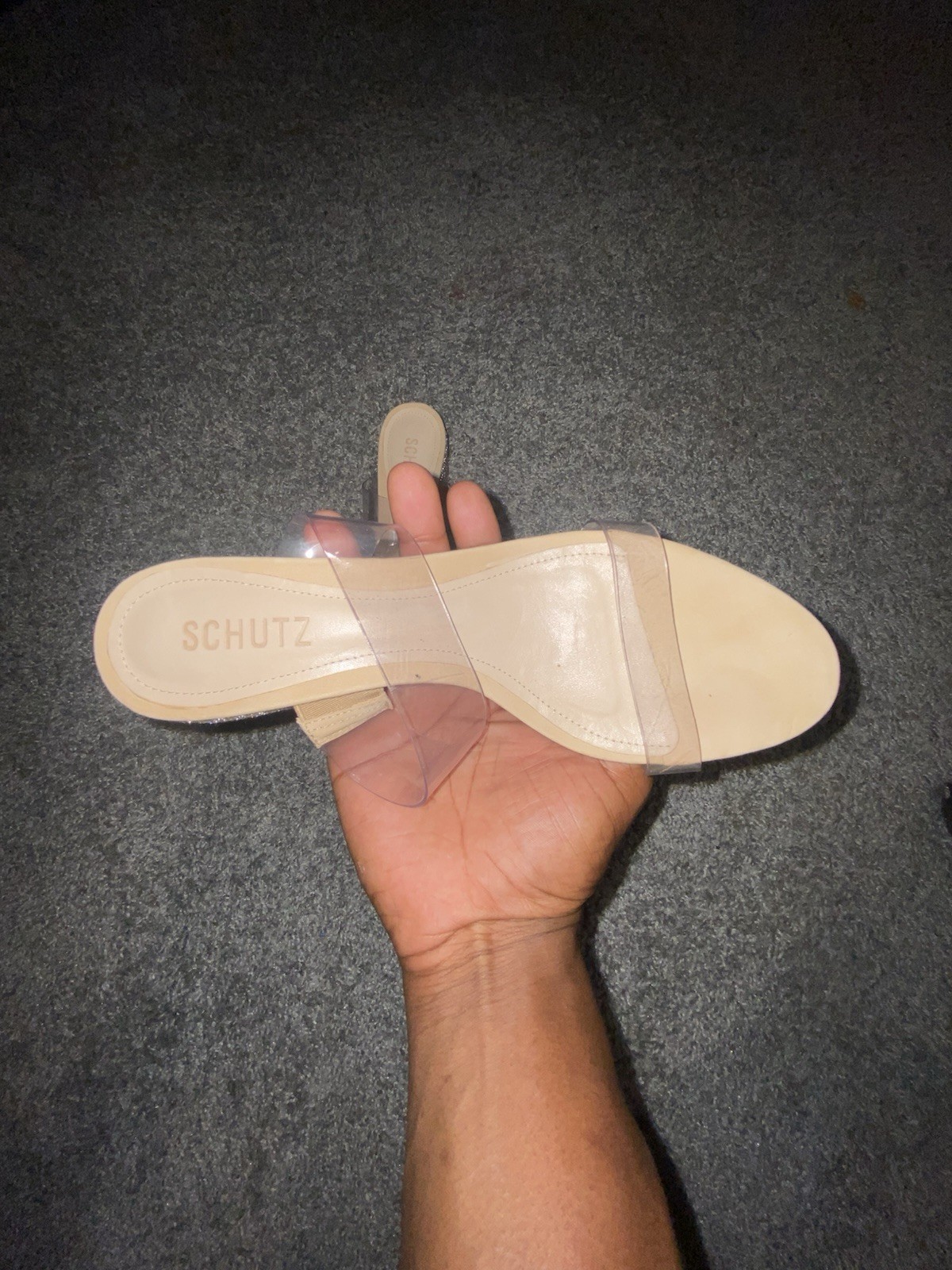 SCHUTZ Women’s Clear Strap Crystal Slide Sandals Block Heel US 8.5 Beige