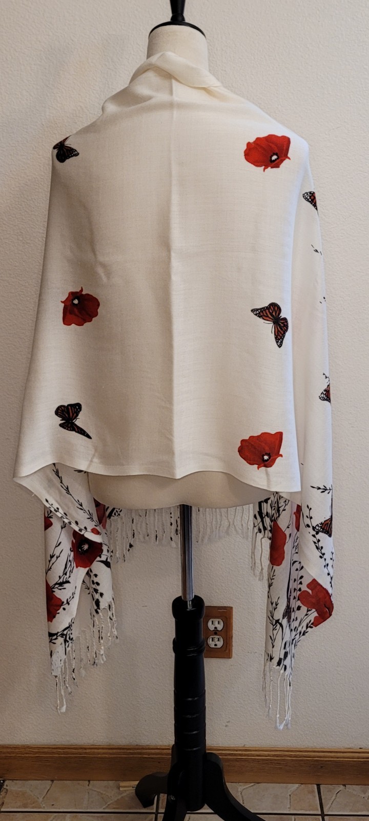 Butterfly/ Monarca/ Flowers/ Fringe/White & Red / Rojo Rebozo, Scarf, Wrap