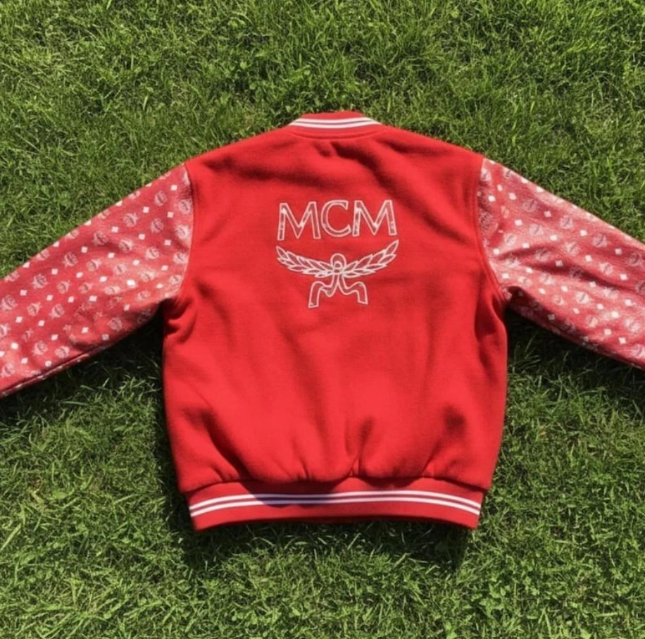MCM Leather Varsity Jacket MCM Printed Monogram Leather Sleeves Streetwear