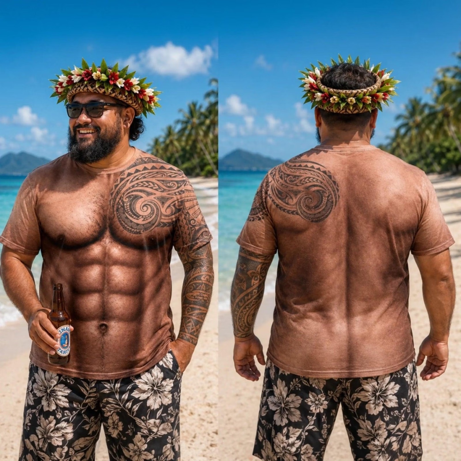 Custom 3D Muscle Tattoo T-shirt Men, Hawaiian Beach Shirt, Polynesian Tribal Tee