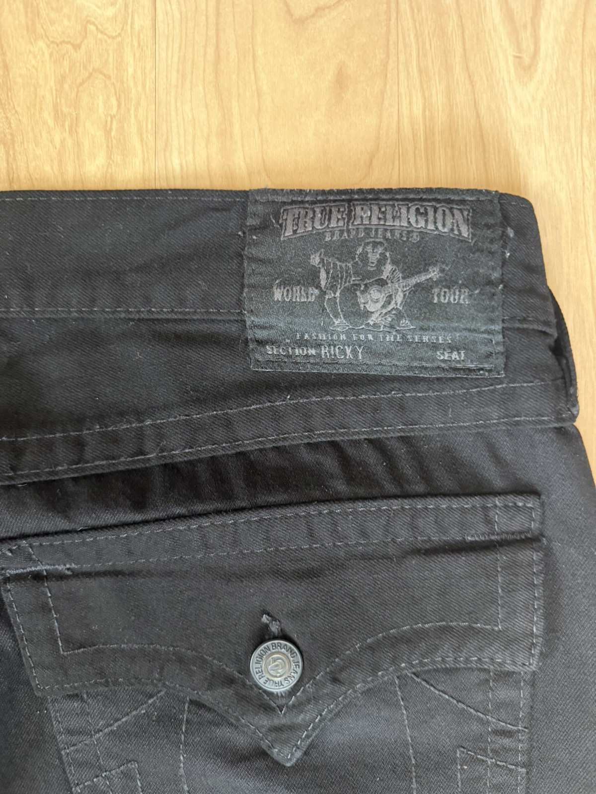 TRUE RELIGION RICKY Mens Flap Pockets Straight Black Denim Jeans Pants 38 x 33