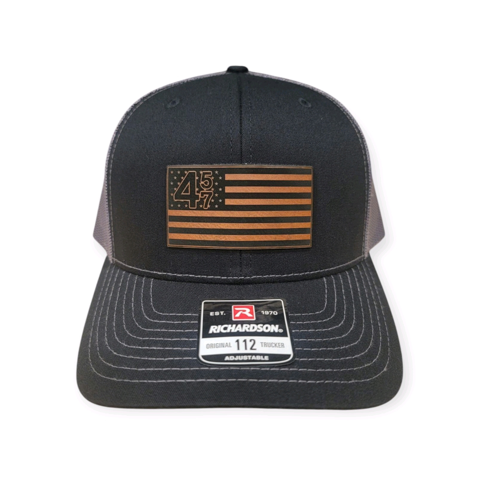 Custom Richardson 112 Trump 457 2024 45 47 Black Trucker MAGA Engraved In USA
