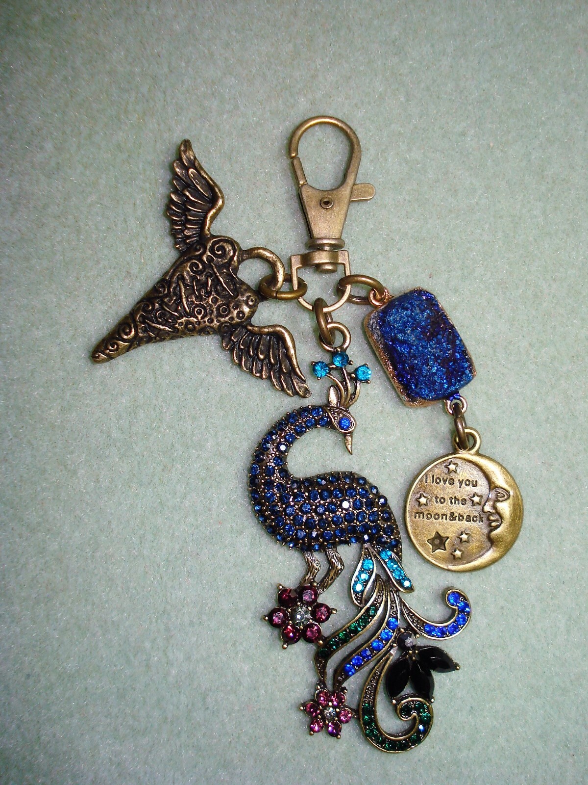4 3/4″ Drop Royal Blue Peacock, Druzy, Heart, “Love you to the Moon…” Dangle